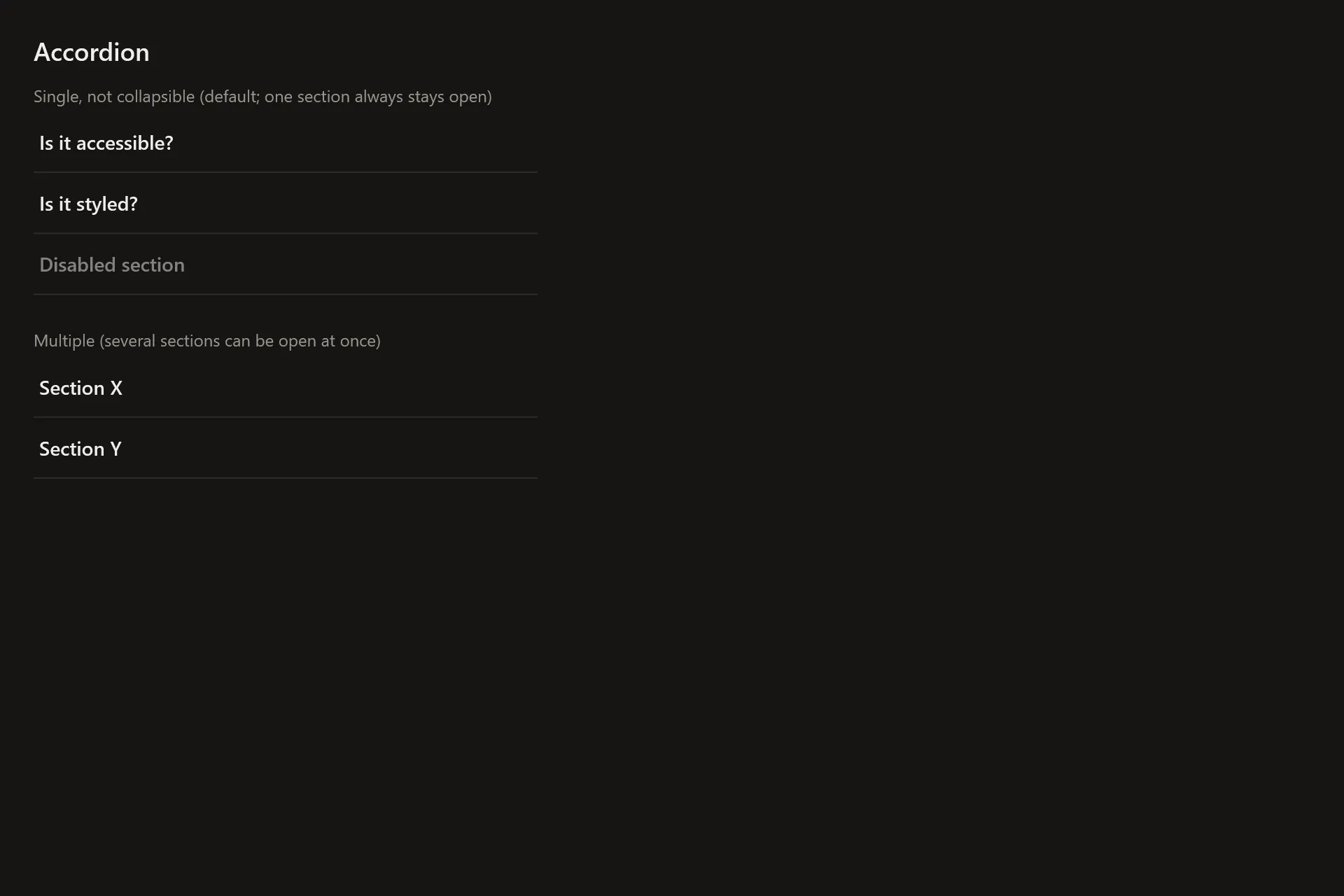 Accordion Gallery page in the dark theme