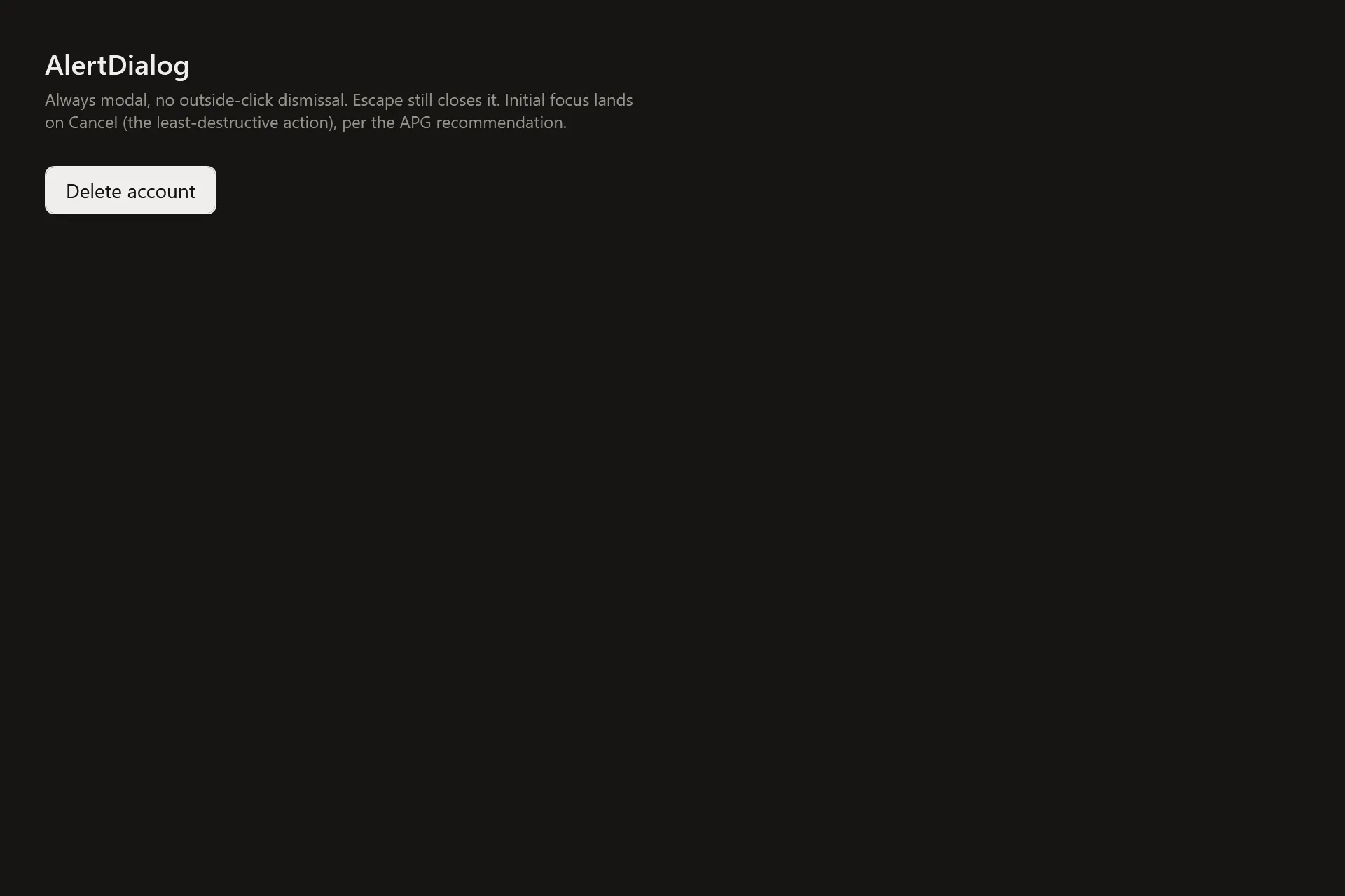 AlertDialog Gallery page in the dark theme
