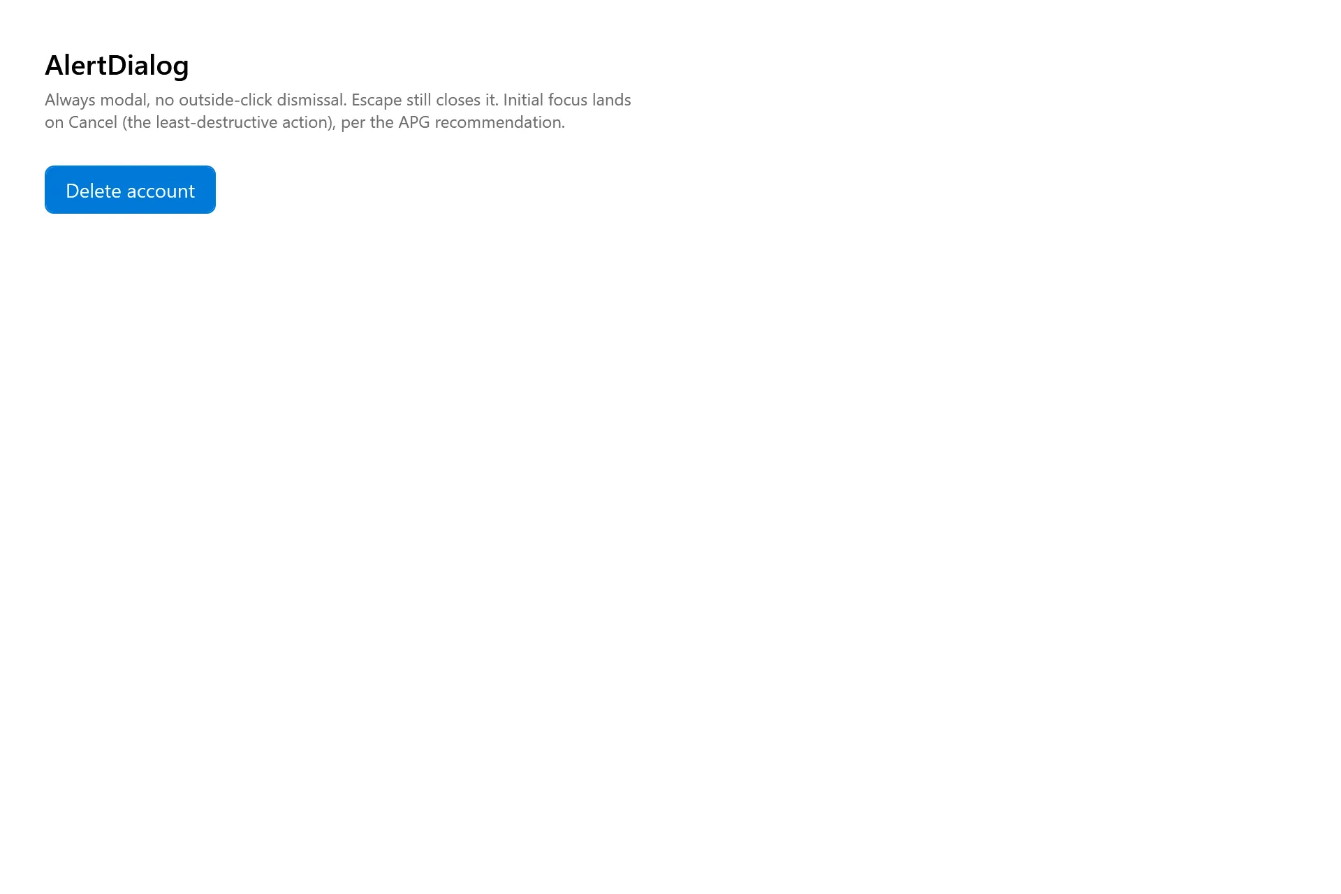 AlertDialog Gallery page in the high contrast theme