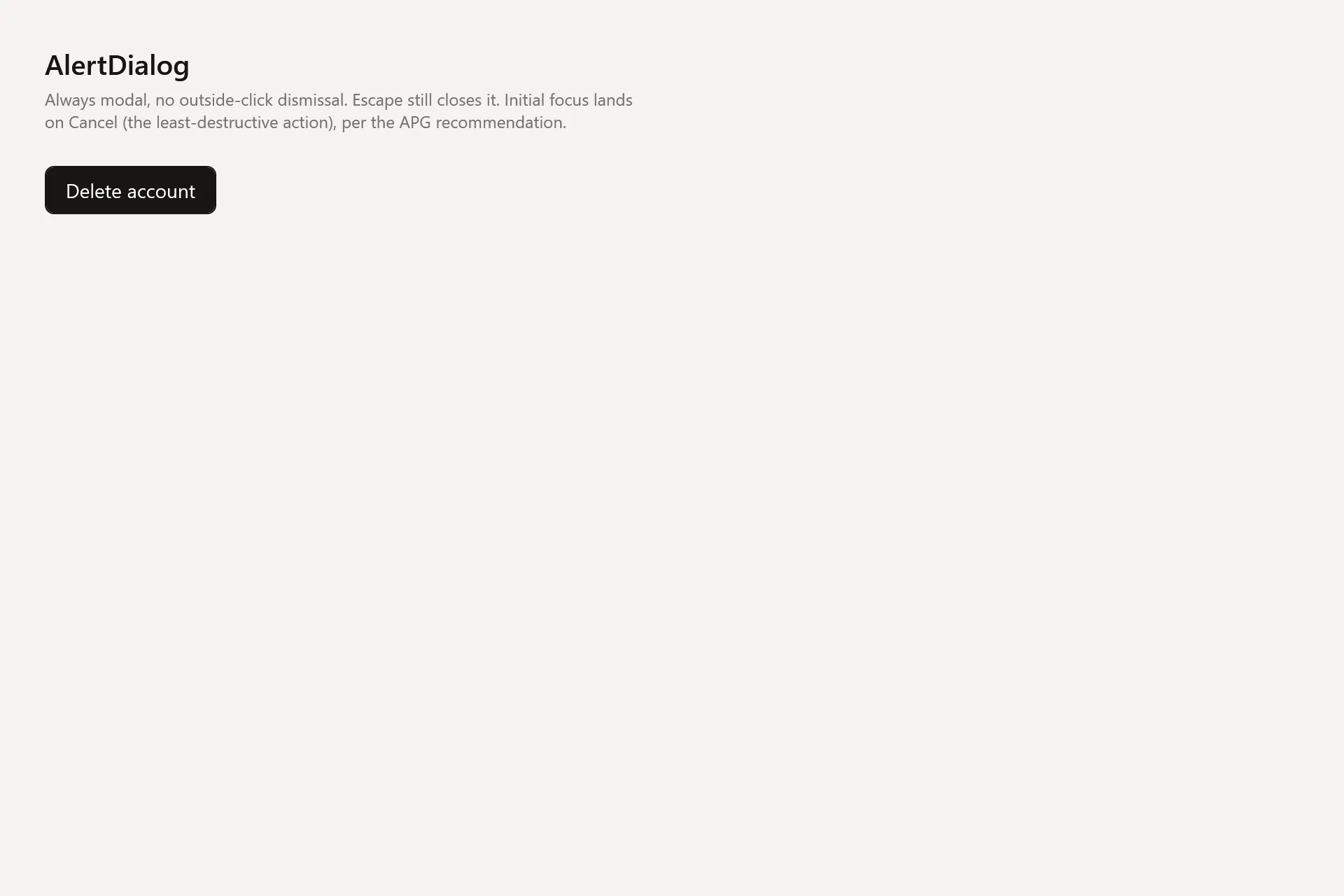 AlertDialog Gallery page in the light theme