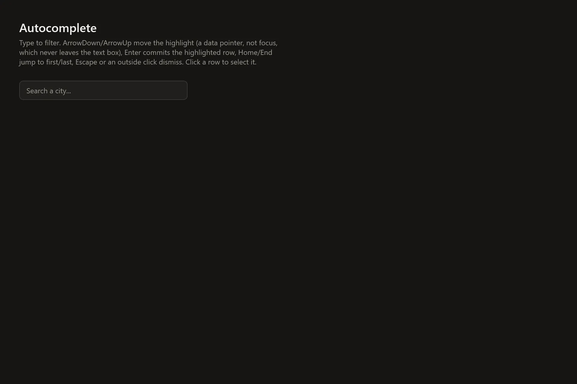 Autocomplete Gallery page in the dark theme