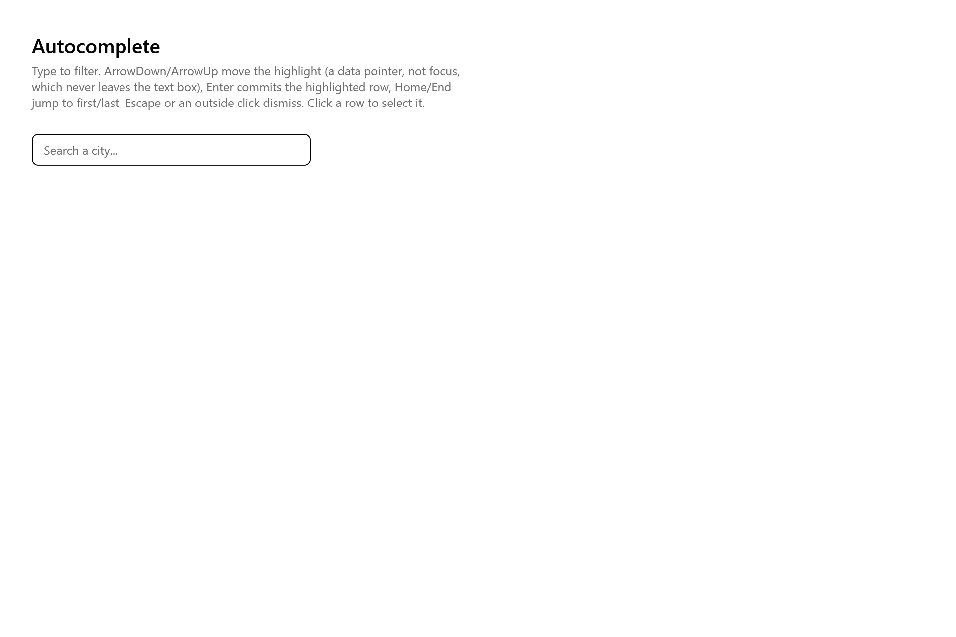 Autocomplete Gallery page in the high contrast theme