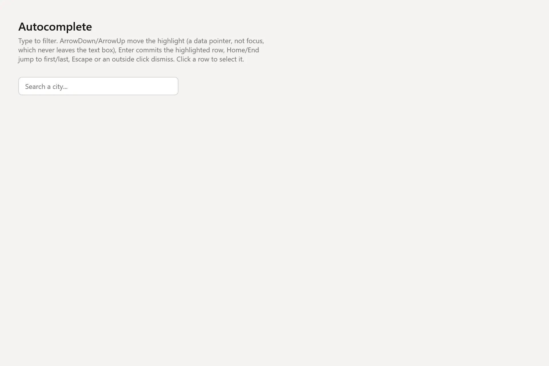 Autocomplete Gallery page in the light theme