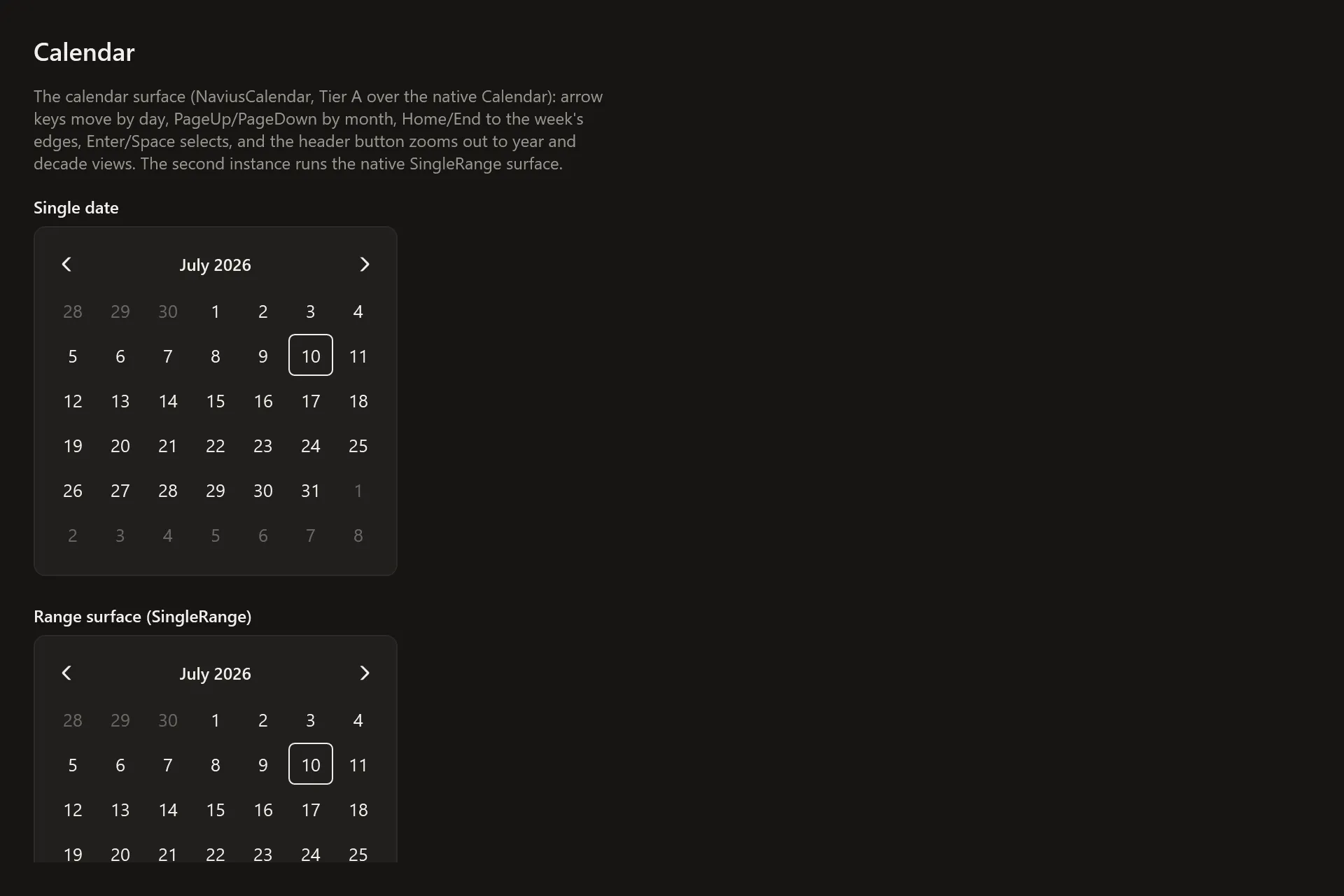 Calendar Gallery page in the dark theme