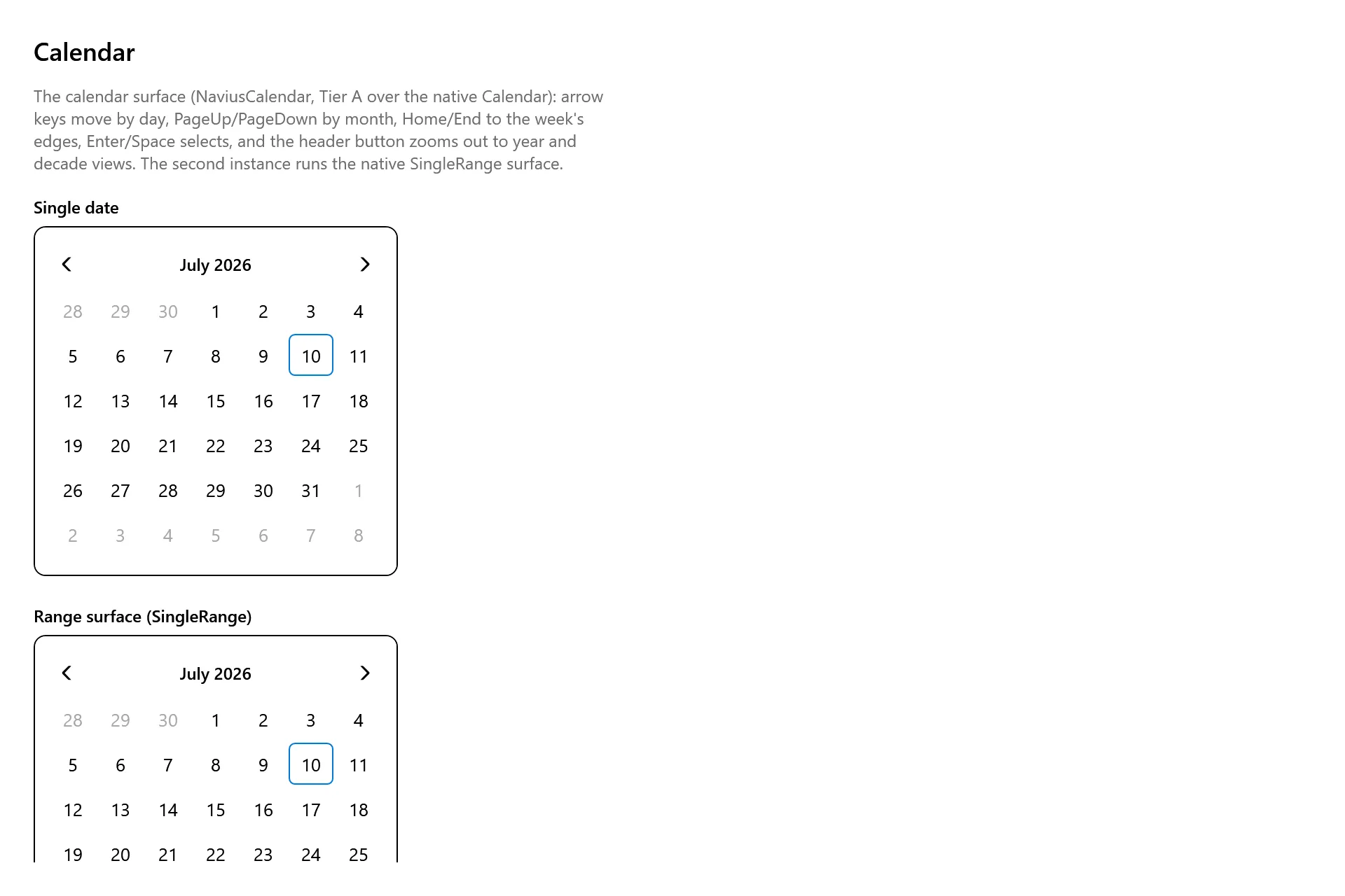 Calendar Gallery page in the high contrast theme