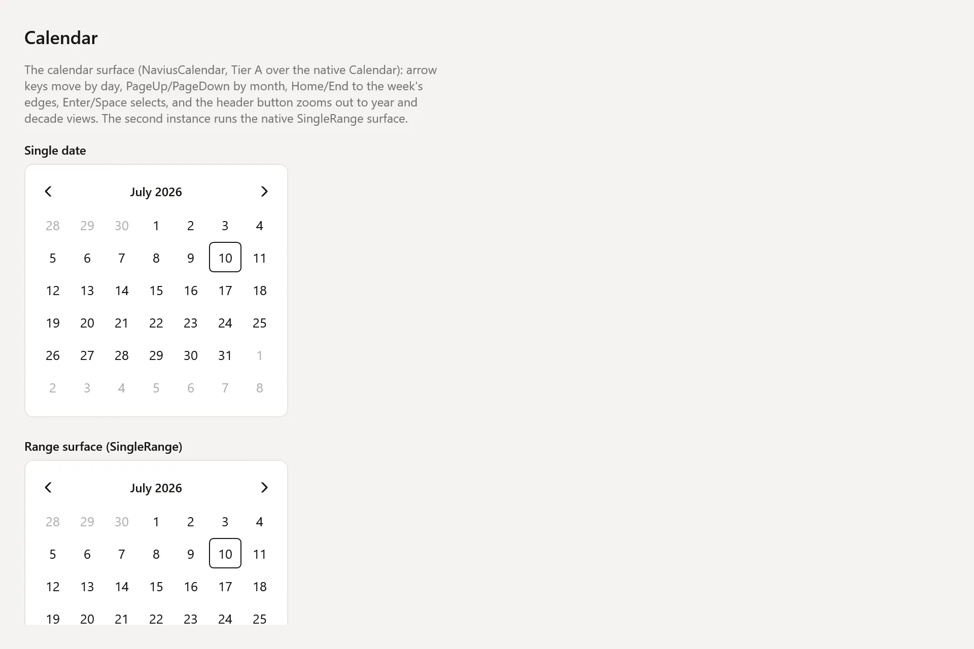 Calendar Gallery page in the light theme