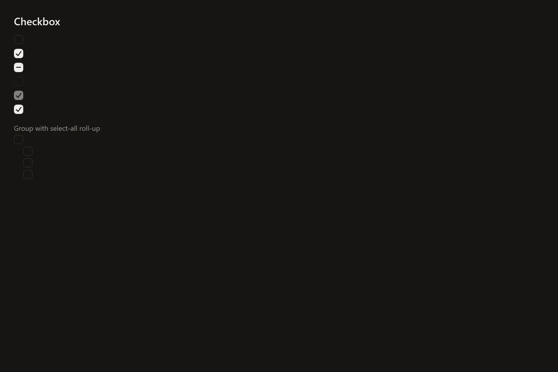 Checkbox Gallery page in the dark theme