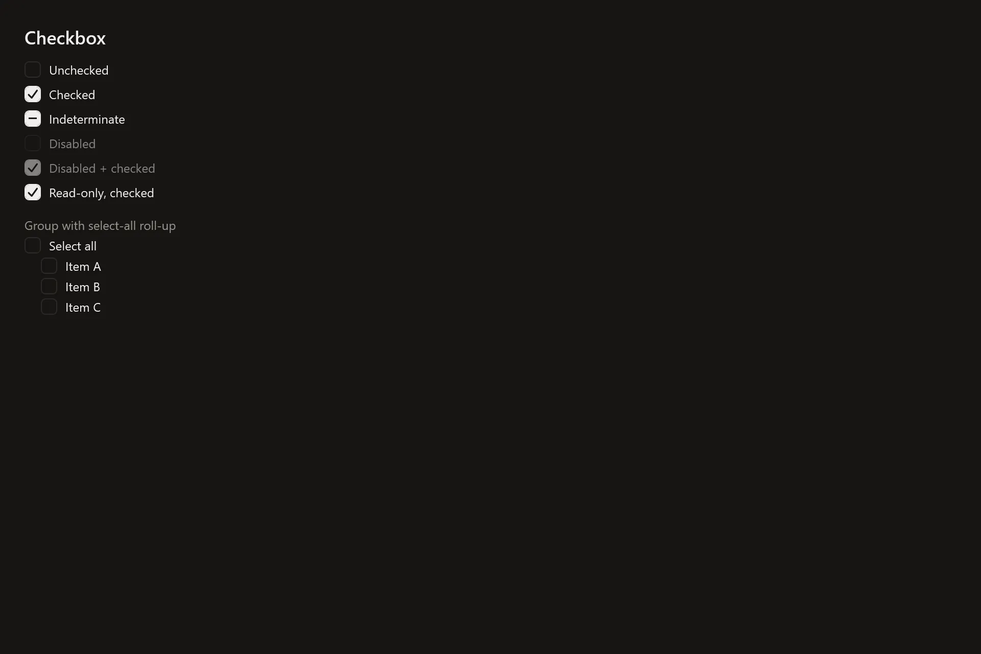 Checkbox Gallery page in the dark theme