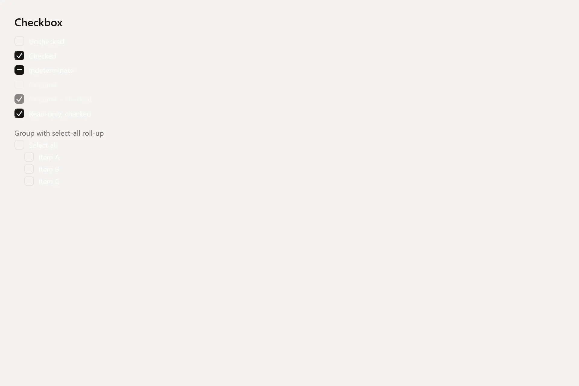Checkbox Gallery page in the light theme