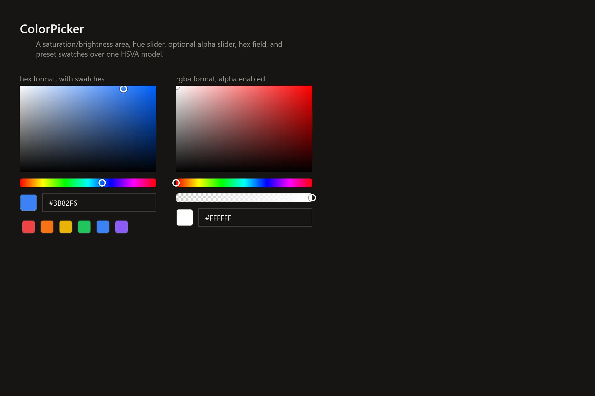 ColorPicker Gallery page in the dark theme