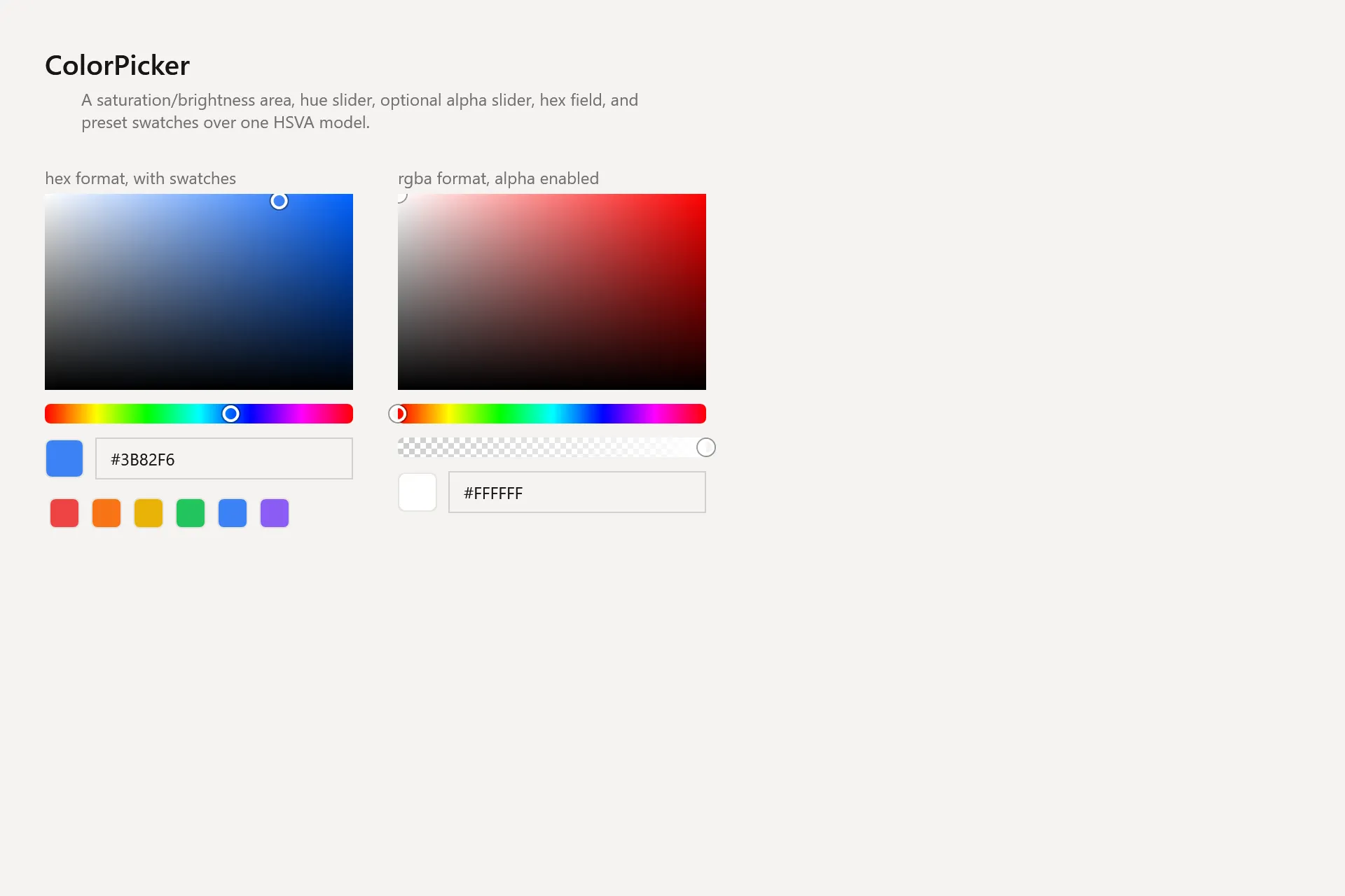 ColorPicker Gallery page in the light theme