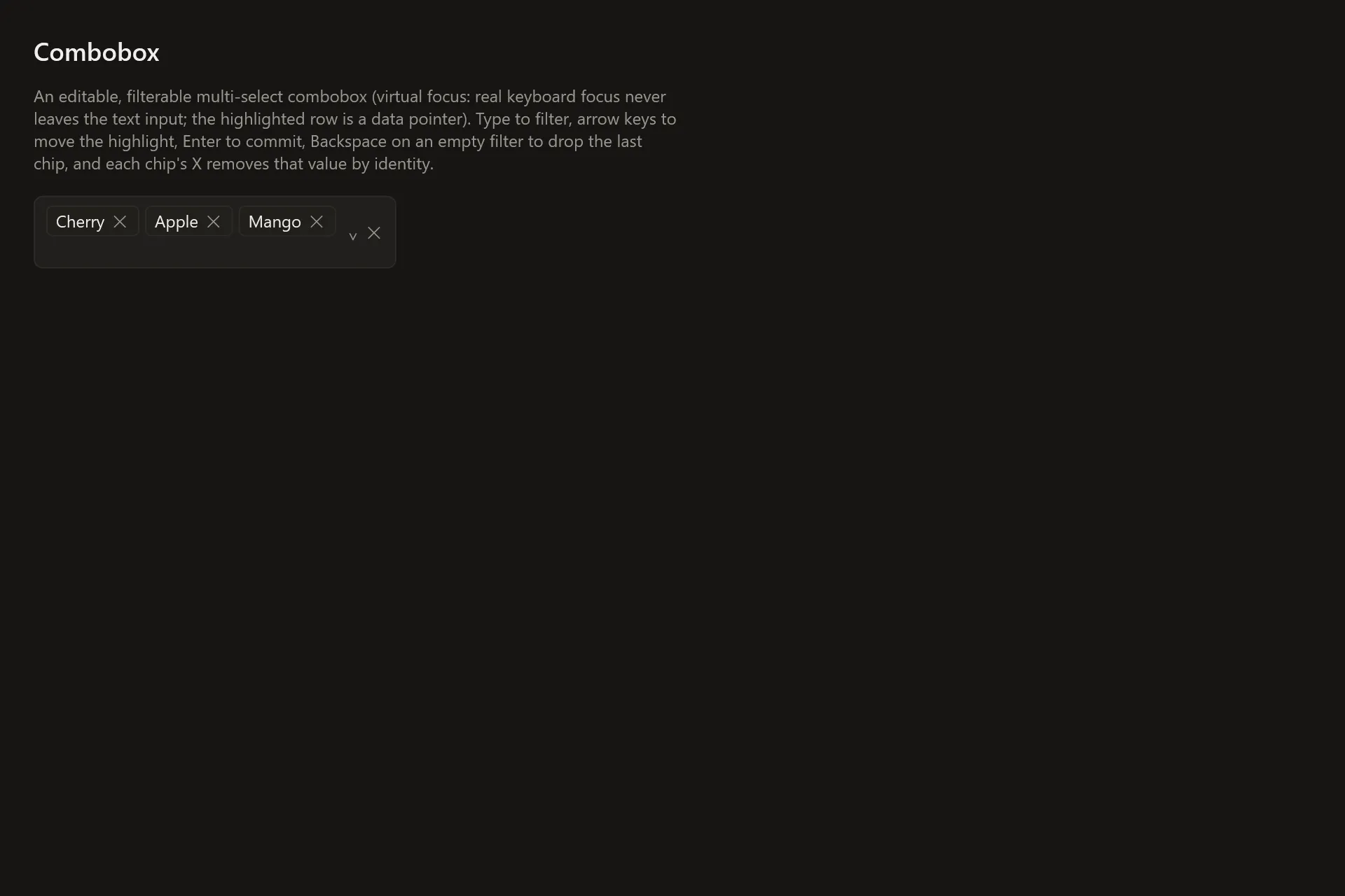 Combobox Gallery page in the dark theme