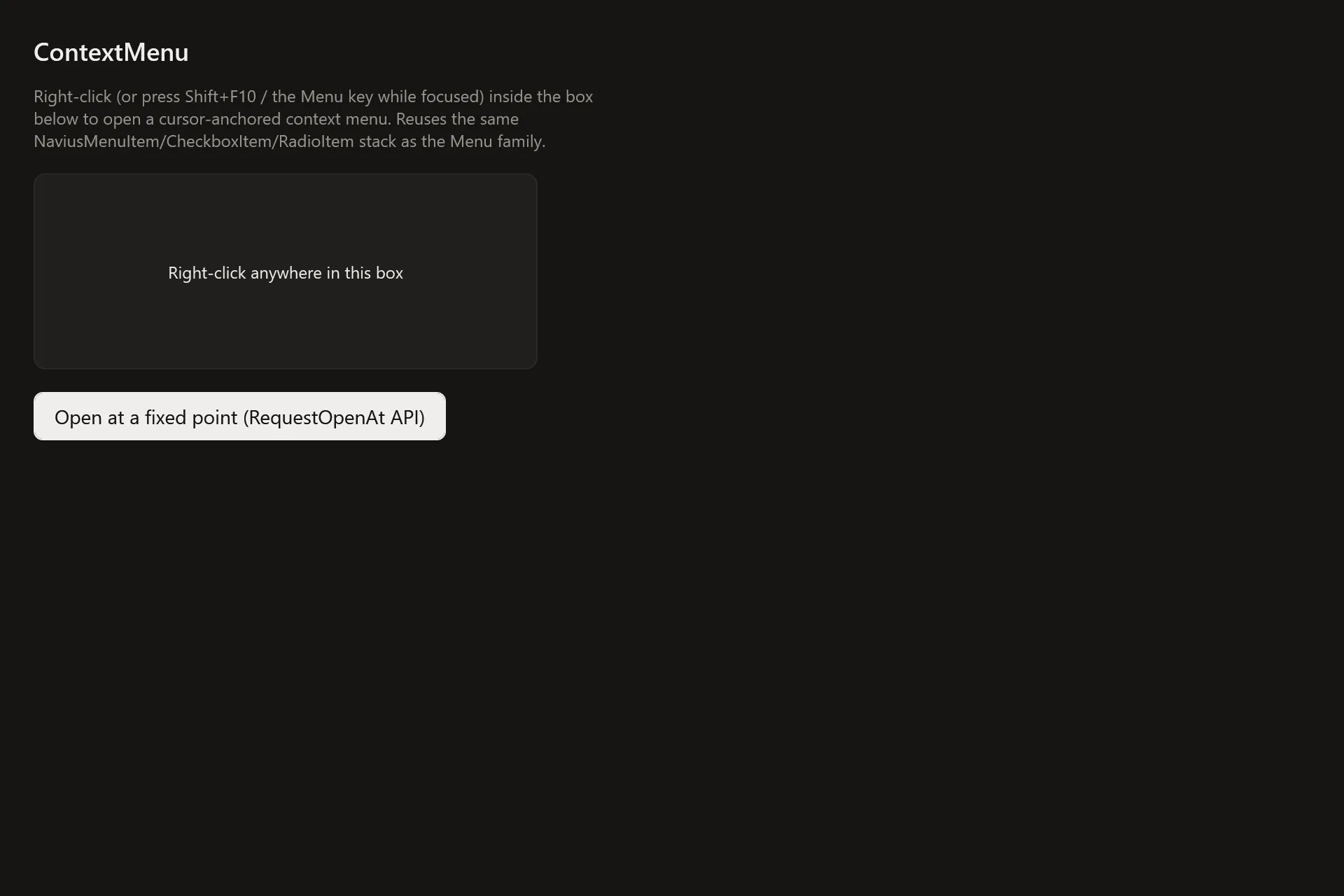 Context Menu Gallery page in the dark theme