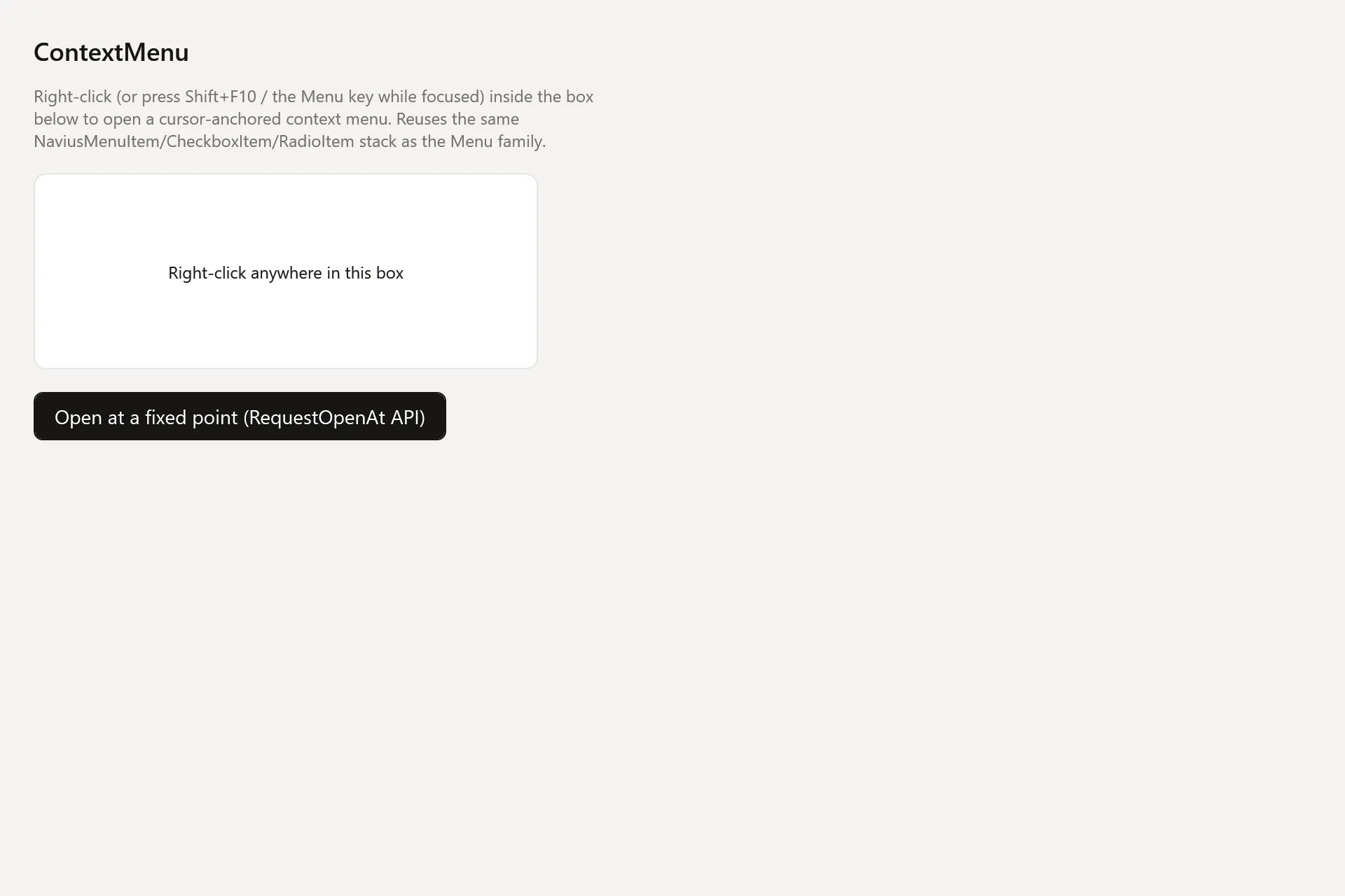 Context Menu Gallery page in the light theme