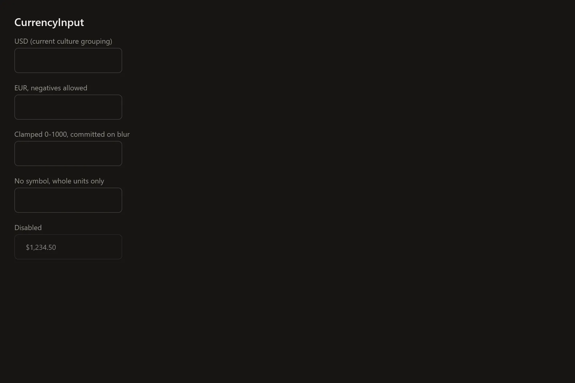 CurrencyInput Gallery page in the dark theme