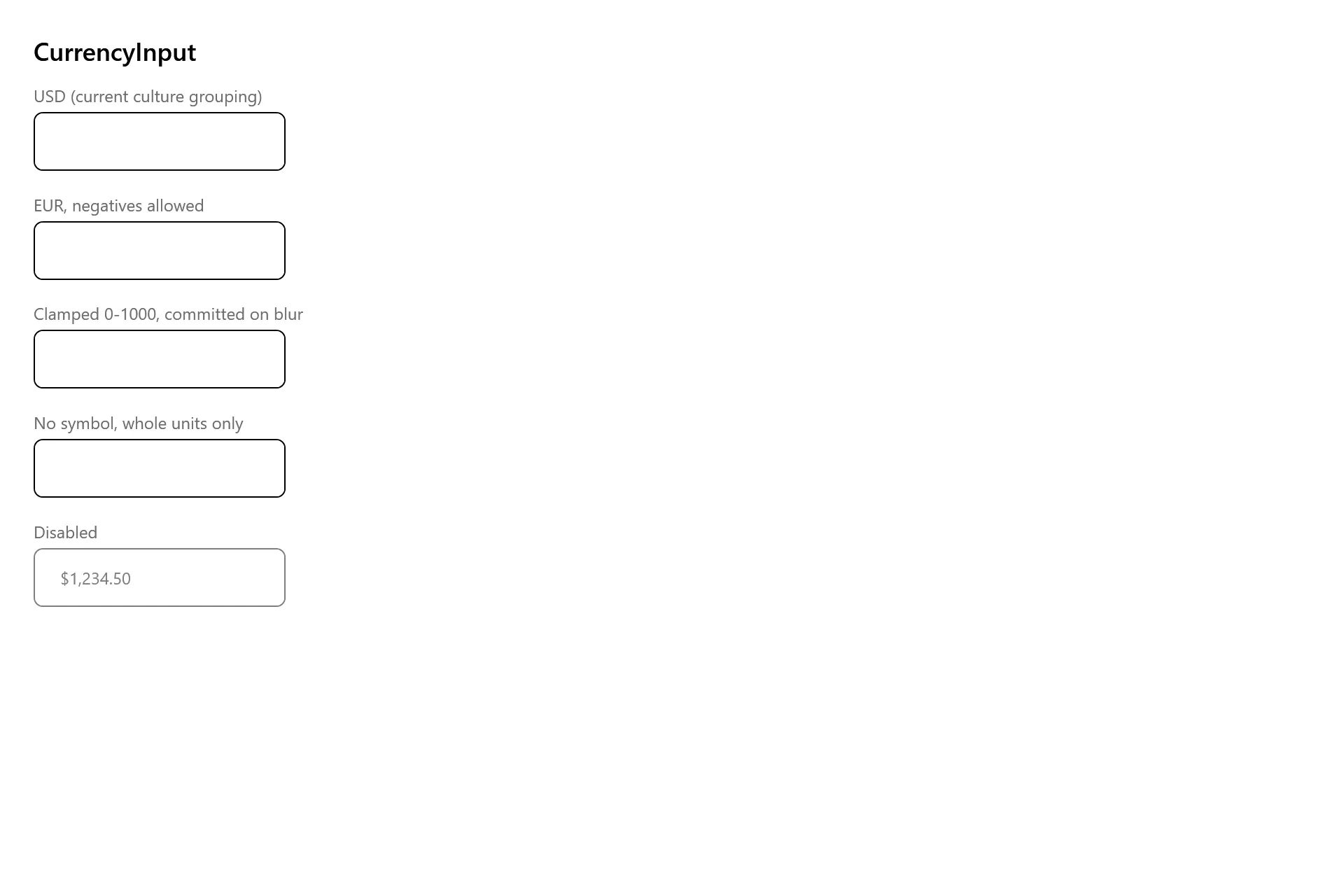 CurrencyInput Gallery page in the high contrast theme