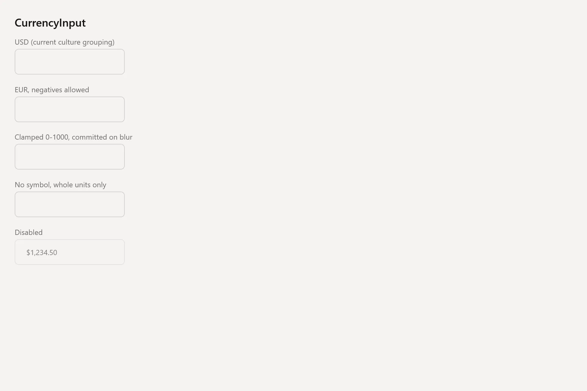CurrencyInput Gallery page in the light theme