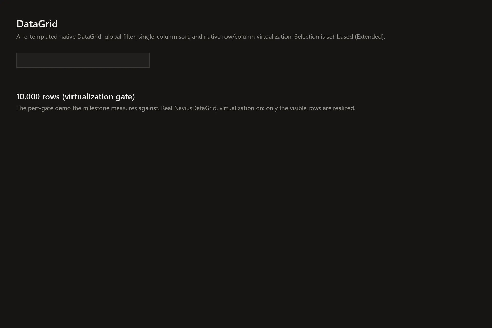 DataGrid Gallery page in the dark theme