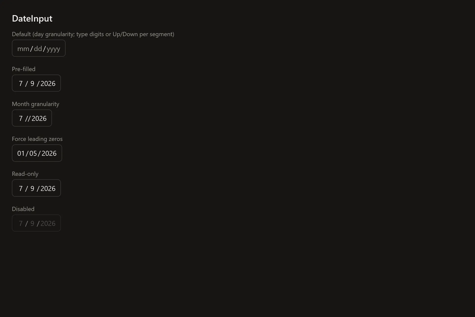 DateInput Gallery page in the dark theme