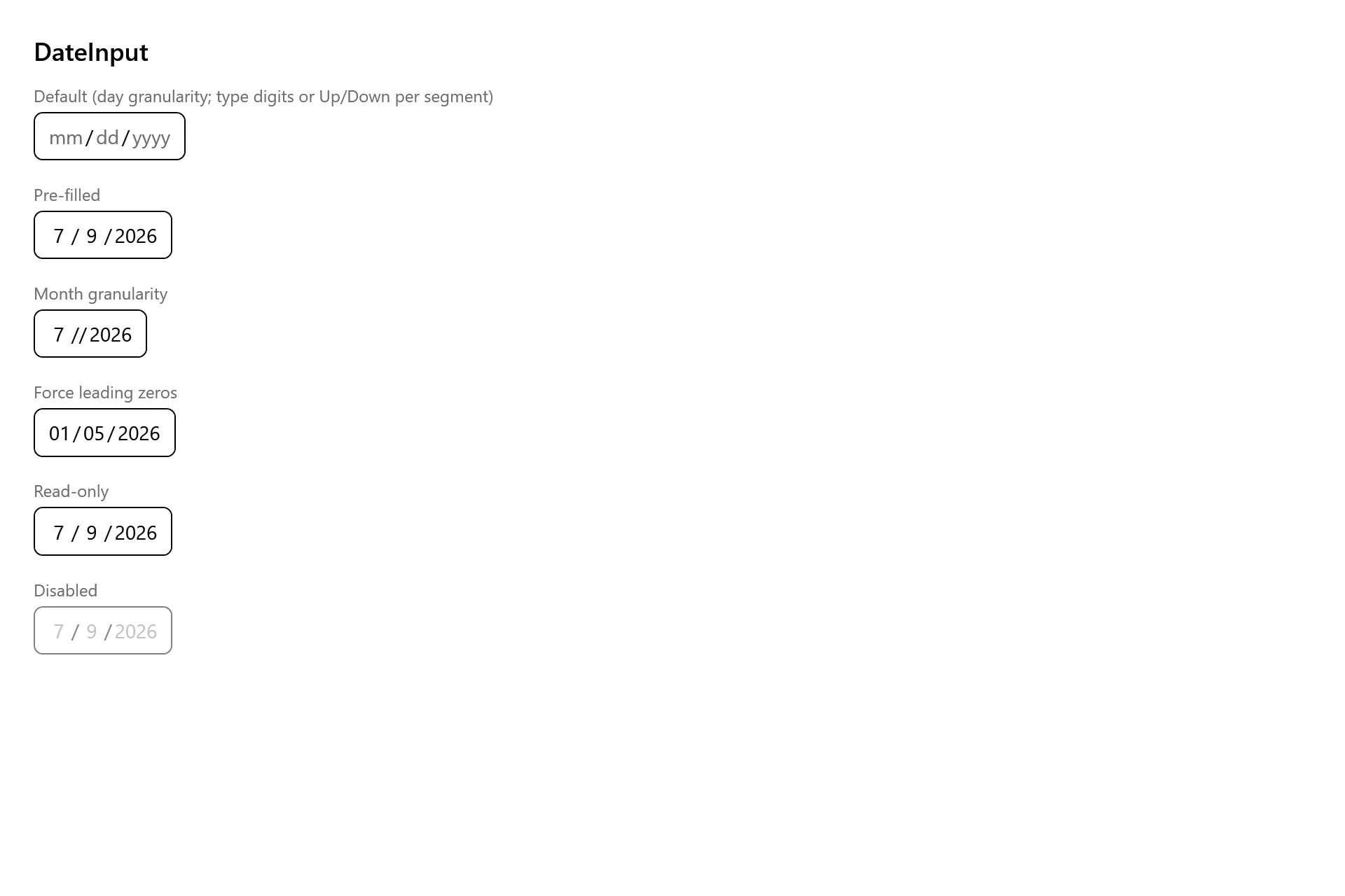 DateInput Gallery page in the high contrast theme