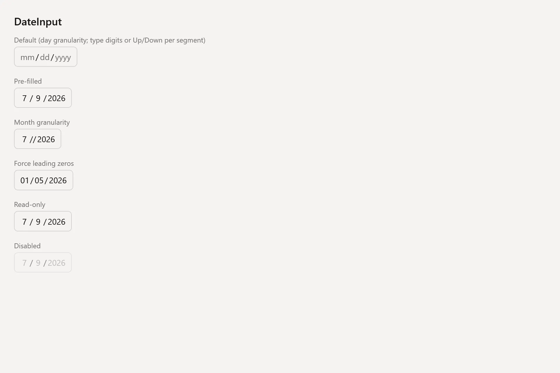 DateInput Gallery page in the light theme