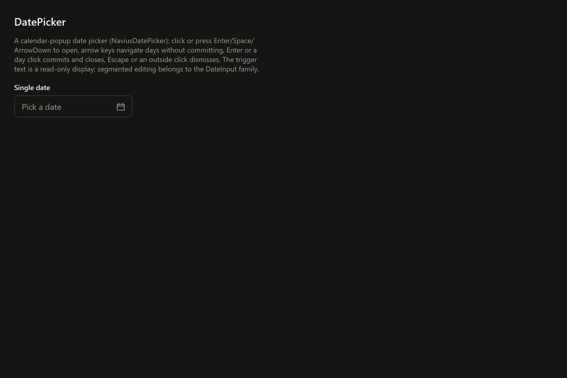 DatePicker Gallery page in the dark theme