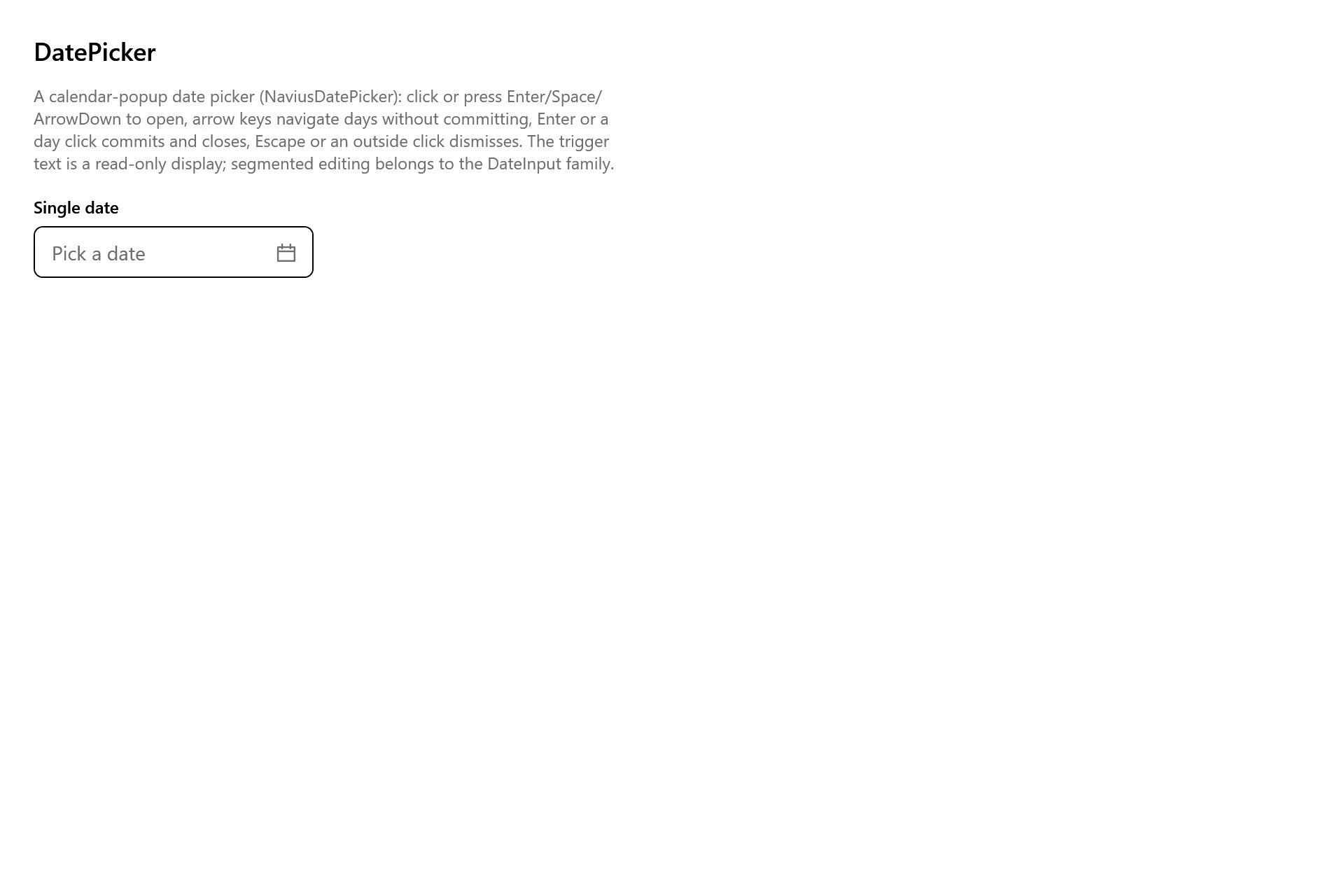 DatePicker Gallery page in the high contrast theme