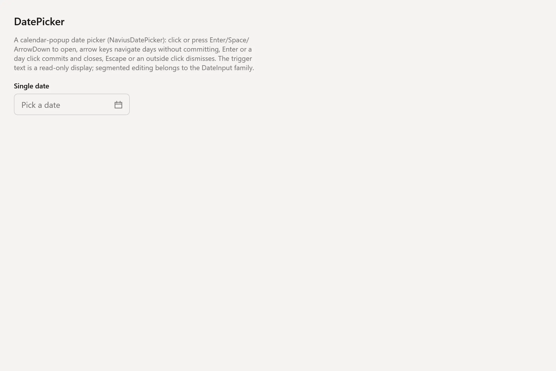 DatePicker Gallery page in the light theme