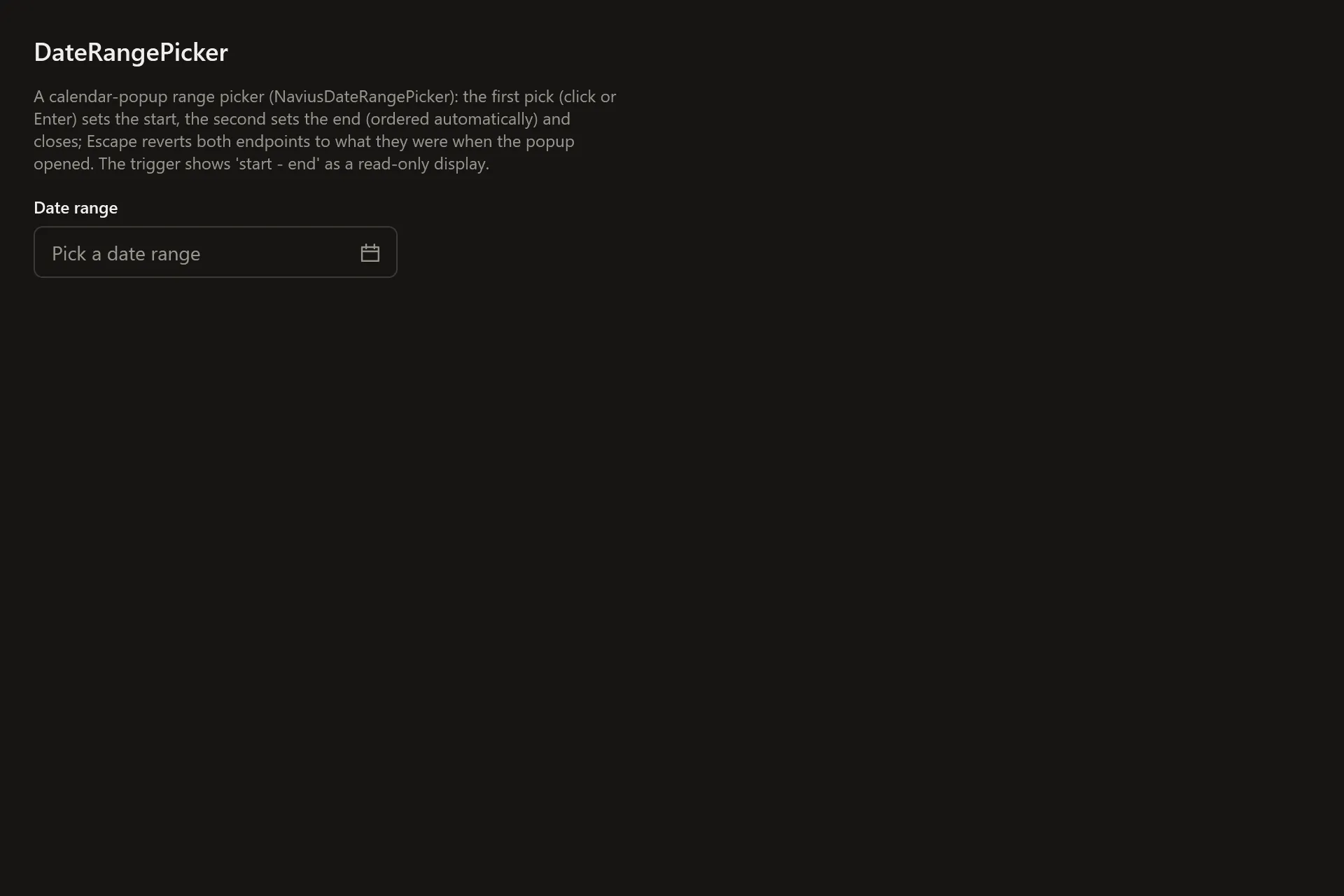 DateRangePicker Gallery page in the dark theme