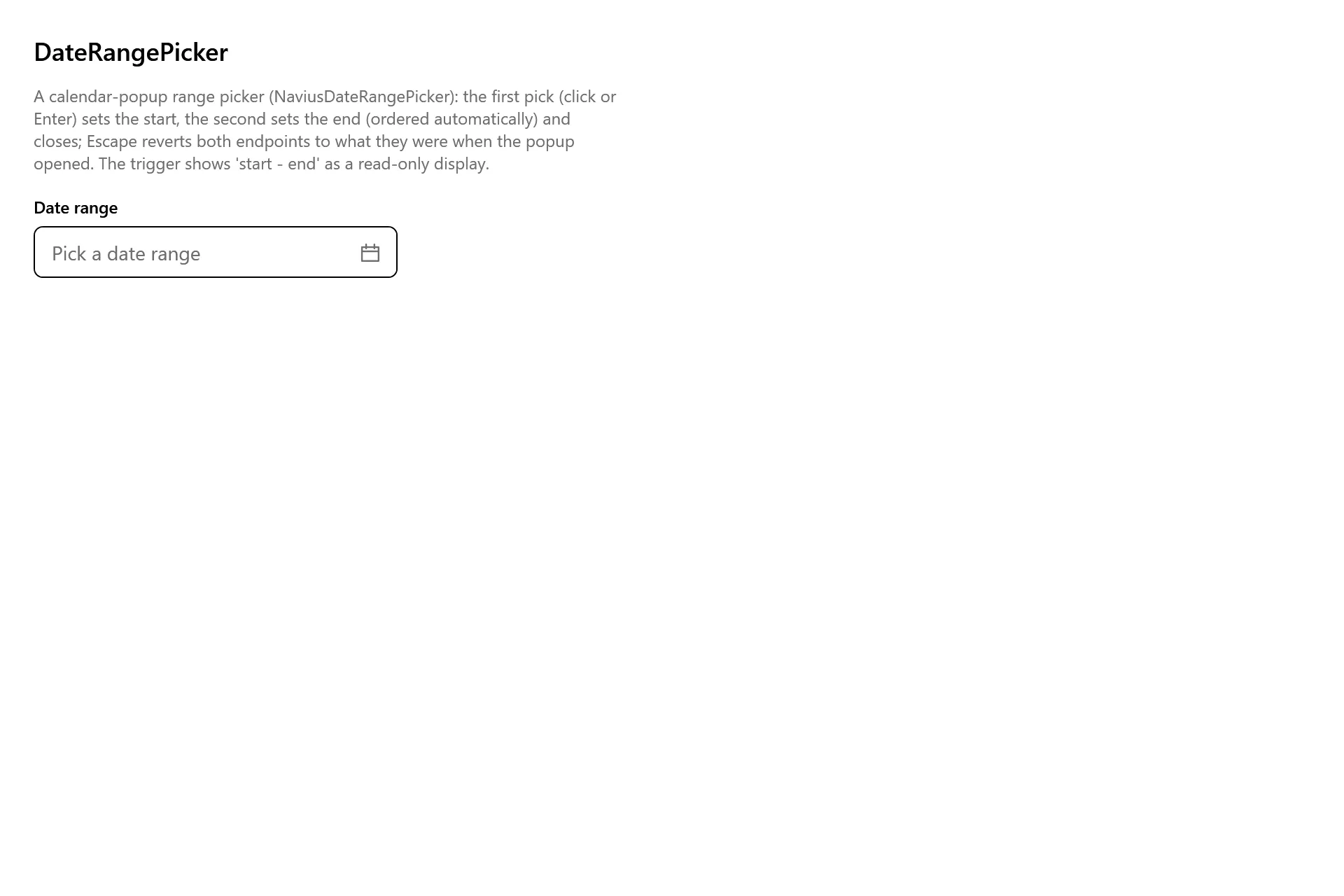 DateRangePicker Gallery page in the high contrast theme
