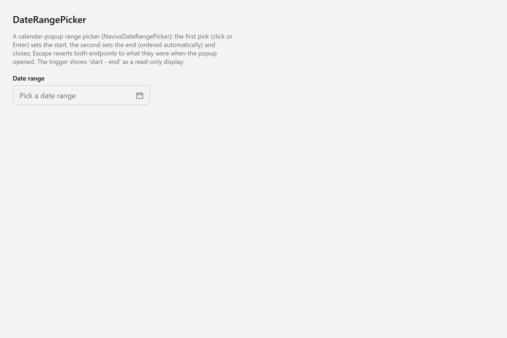 DateRangePicker Gallery page in the light theme