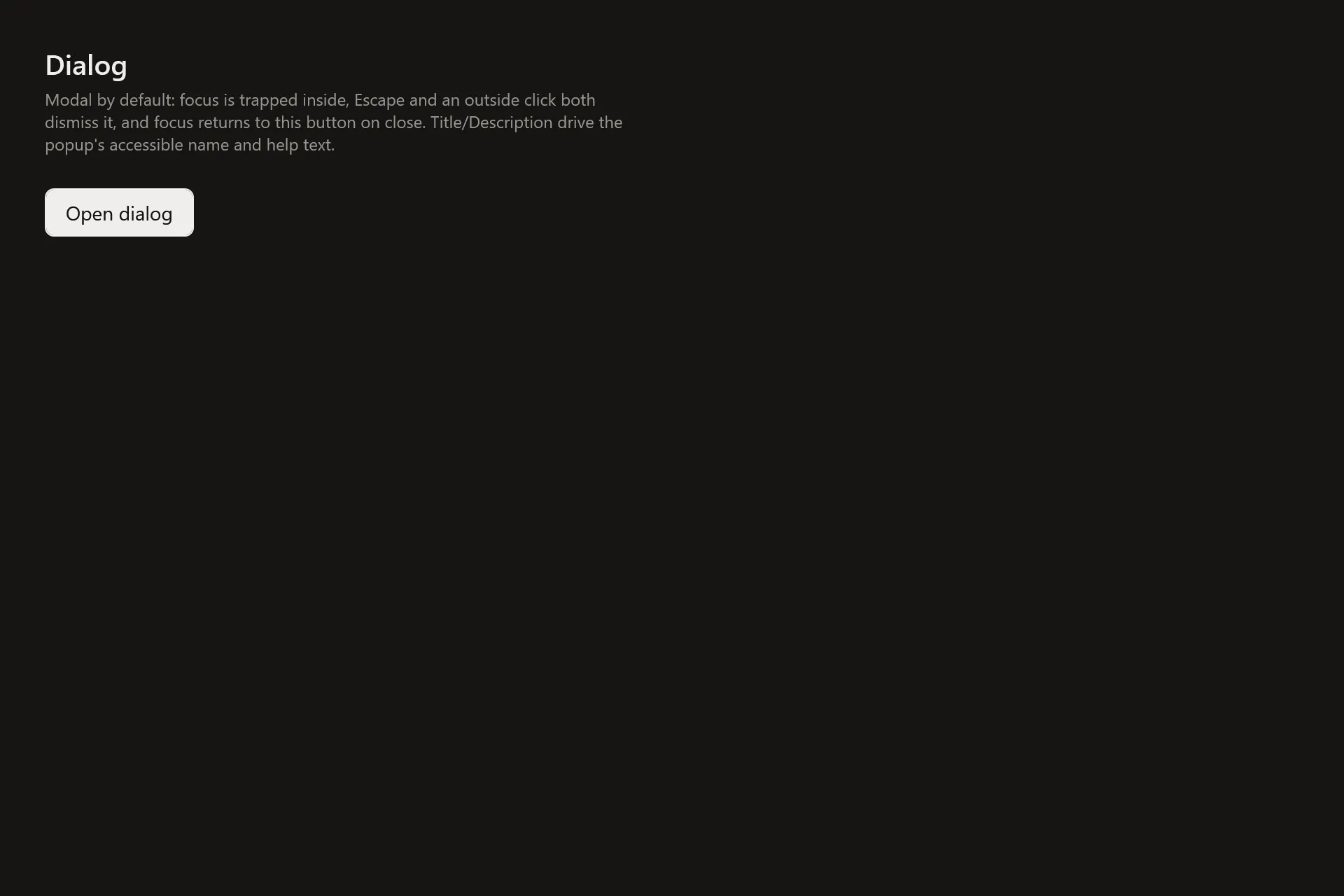 Dialog Gallery page in the dark theme