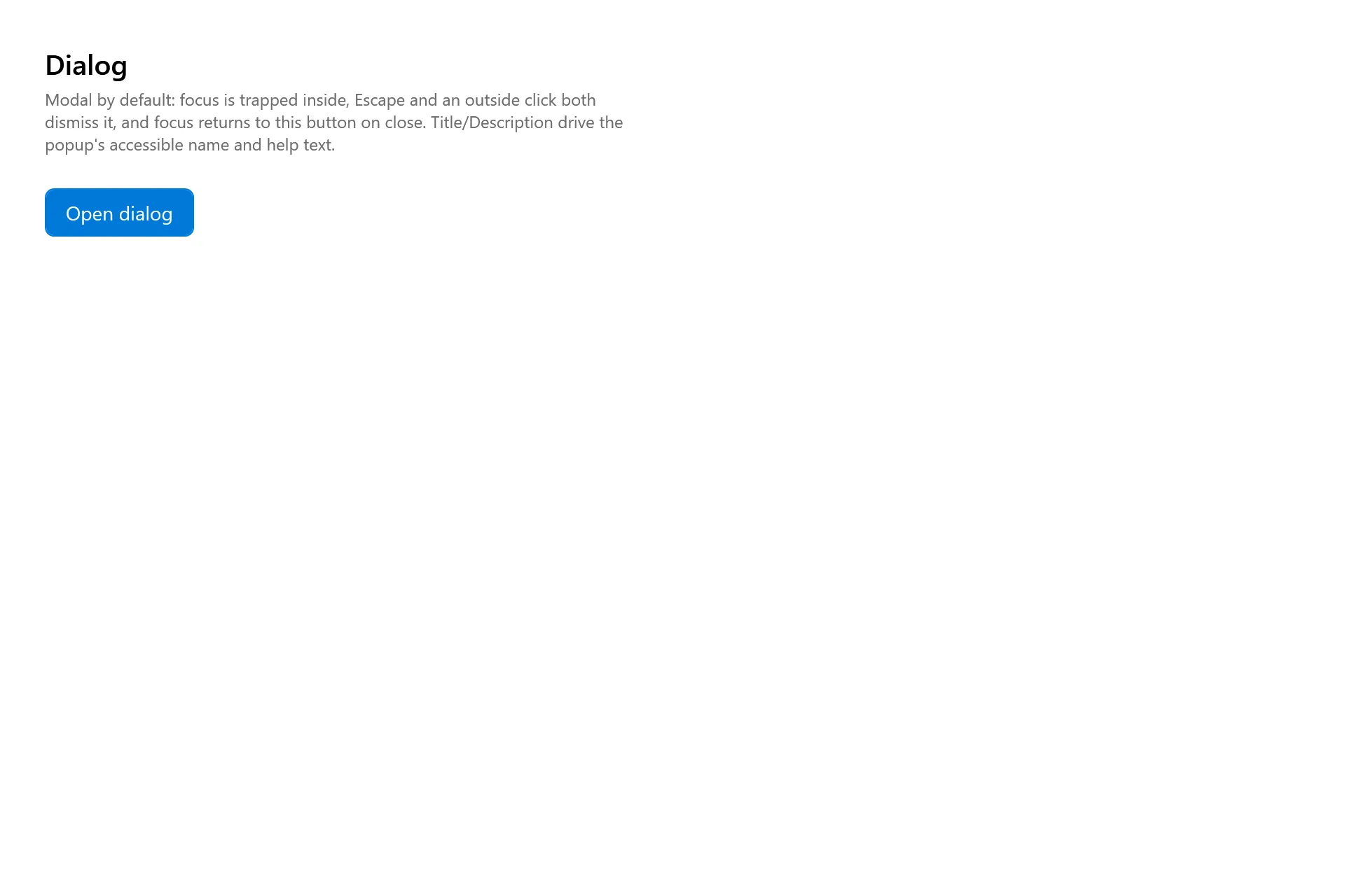 Dialog Gallery page in the high contrast theme