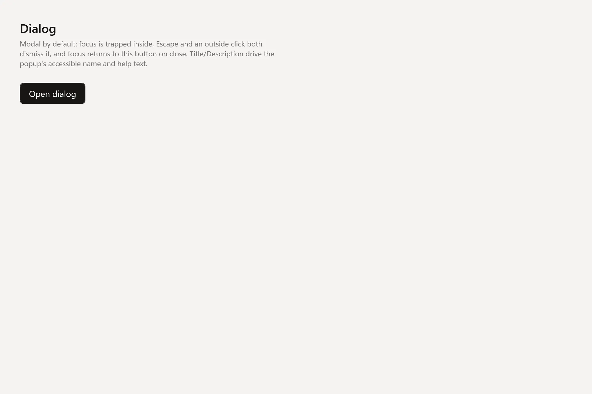 Dialog Gallery page in the light theme