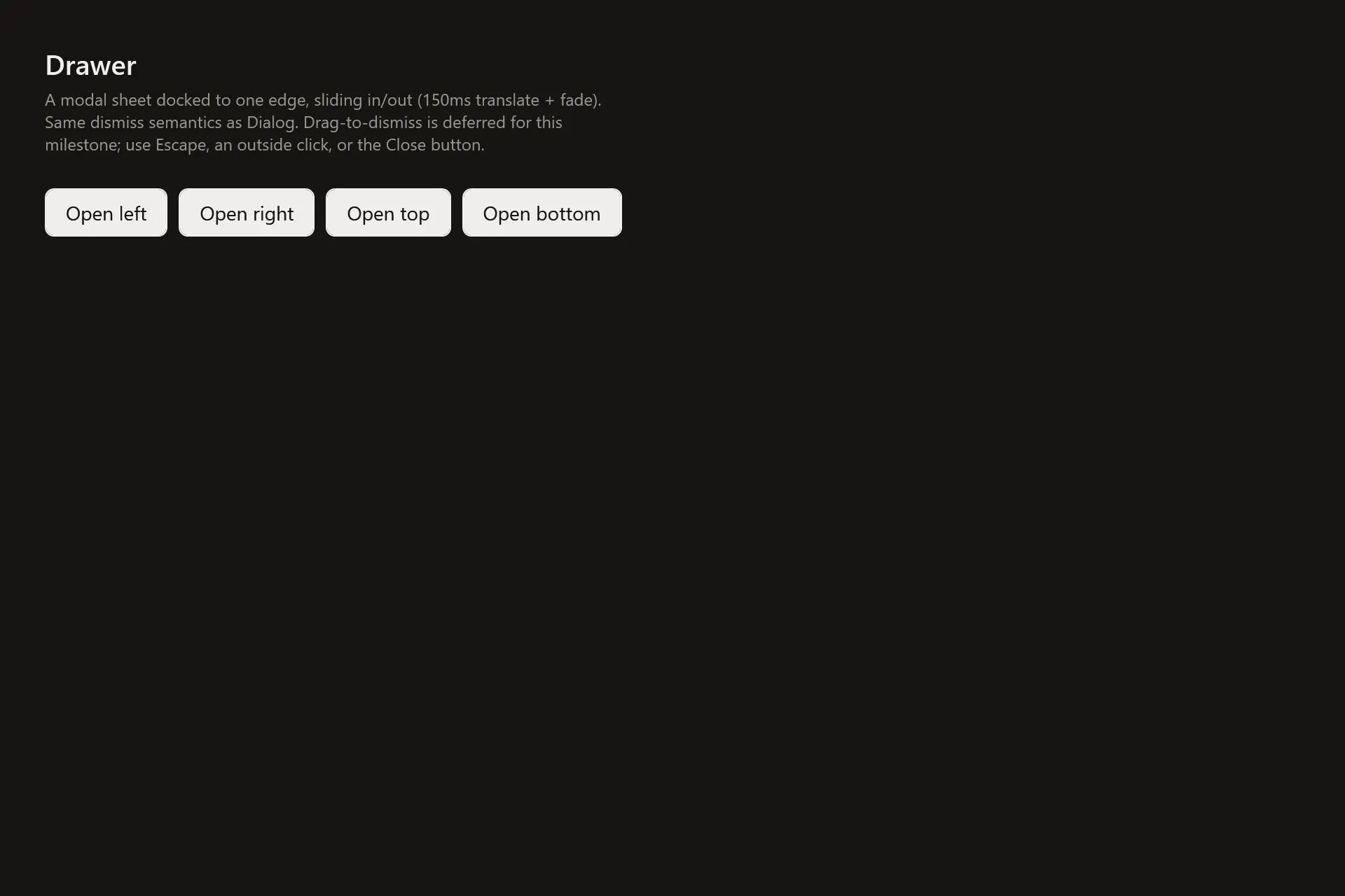 Drawer Gallery page in the dark theme