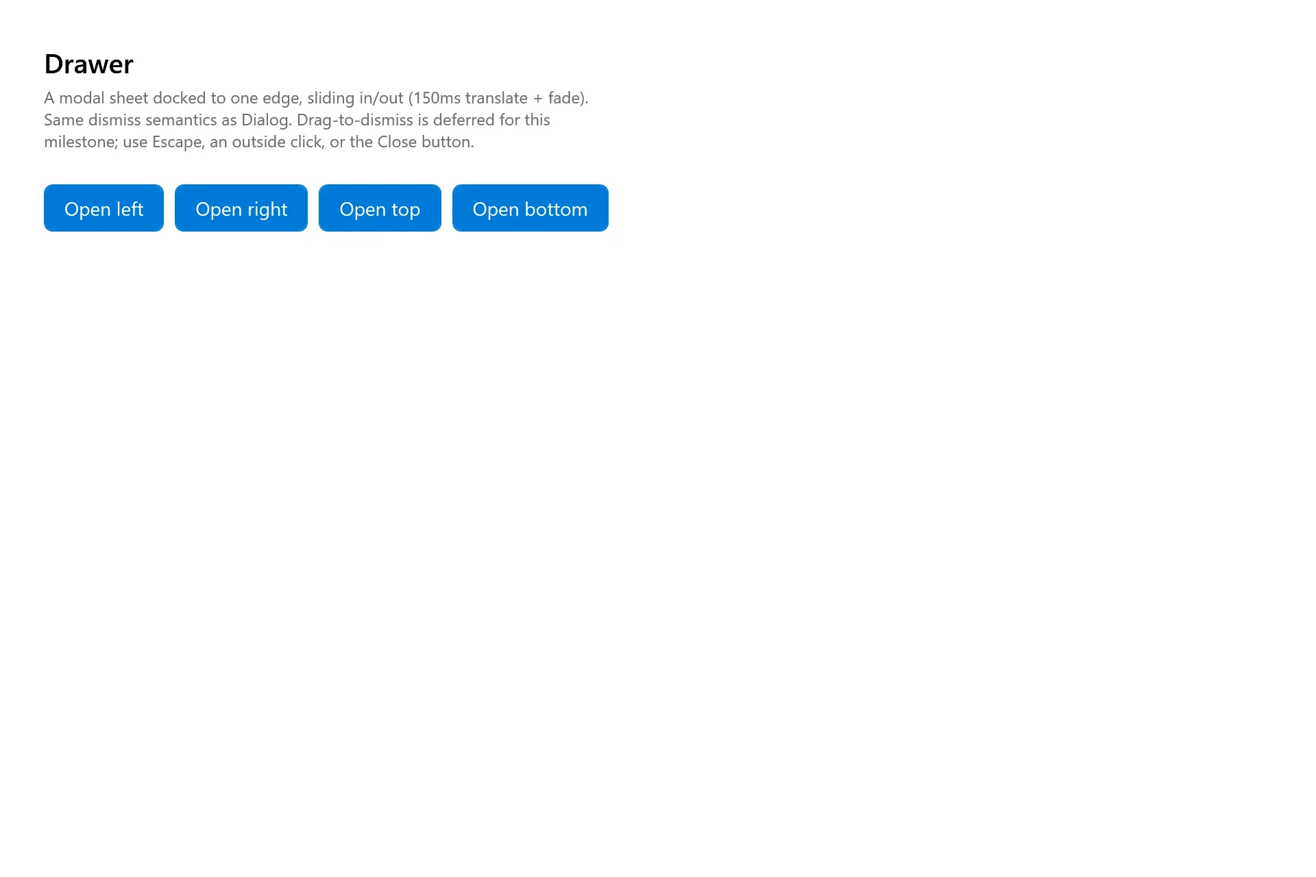 Drawer Gallery page in the high contrast theme