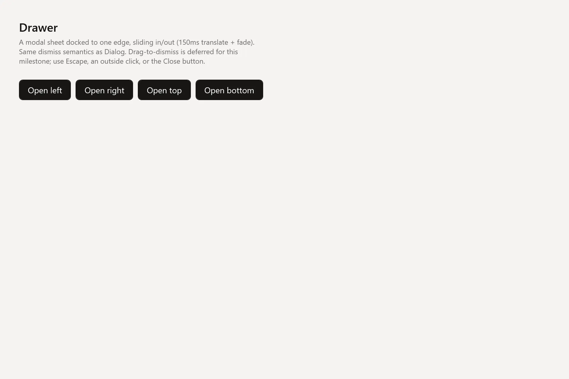 Drawer Gallery page in the light theme