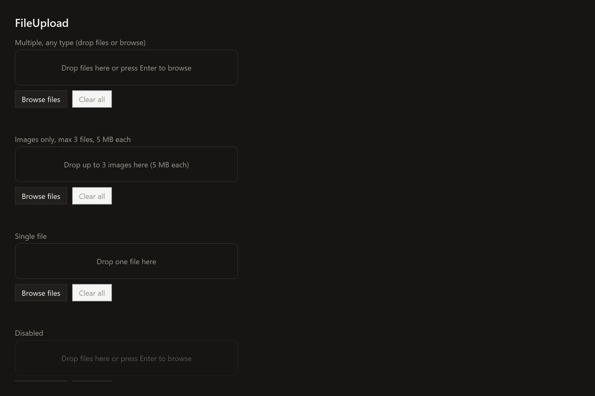 FileUpload Gallery page in the dark theme