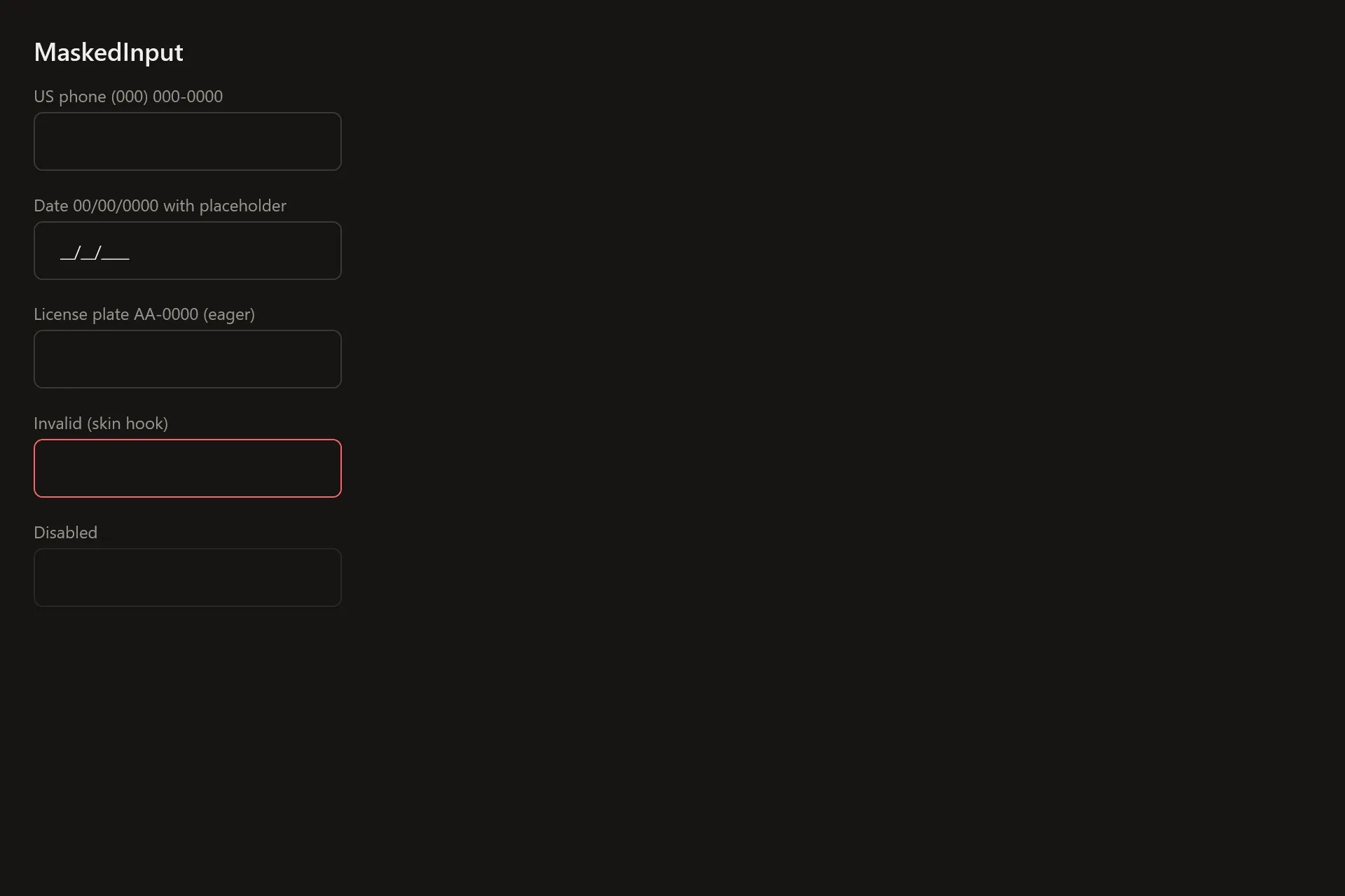 MaskedInput Gallery page in the dark theme
