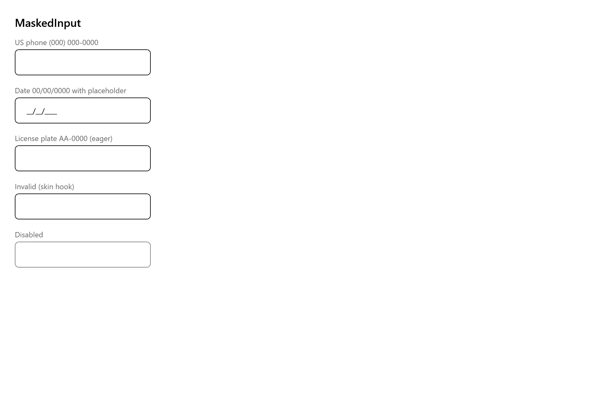 MaskedInput Gallery page in the high contrast theme