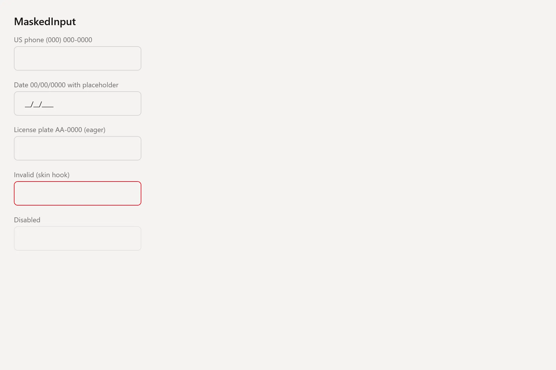 MaskedInput Gallery page in the light theme