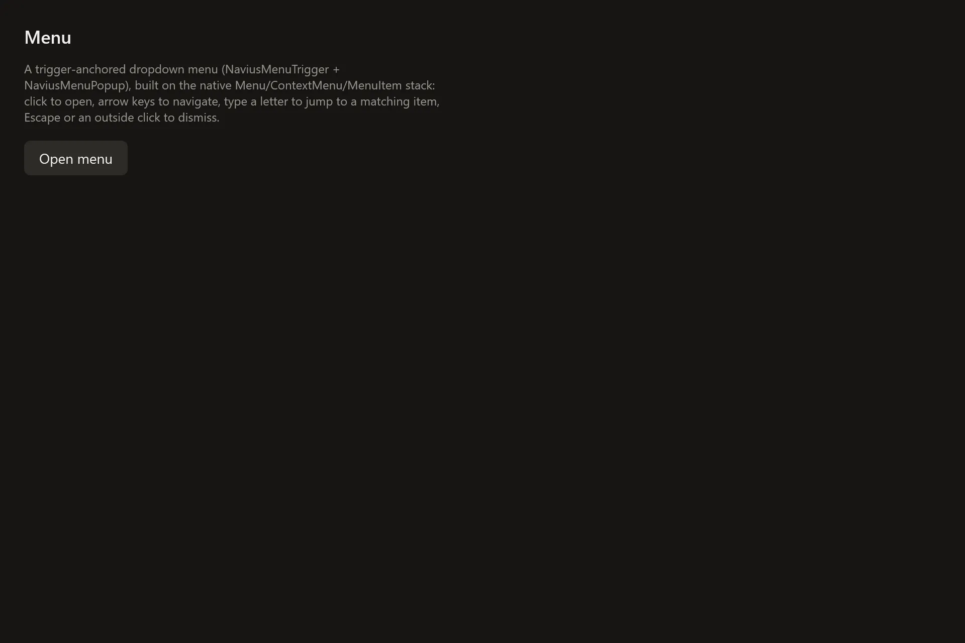 Menu Gallery page in the dark theme