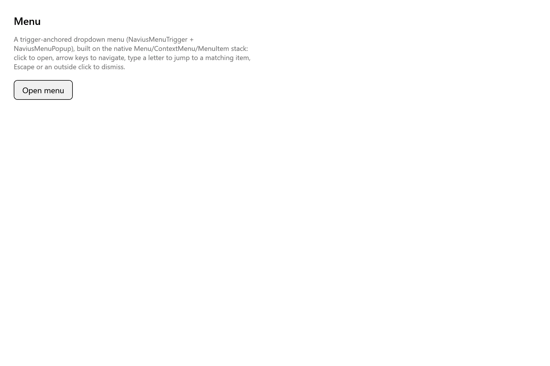 Menu Gallery page in the high contrast theme