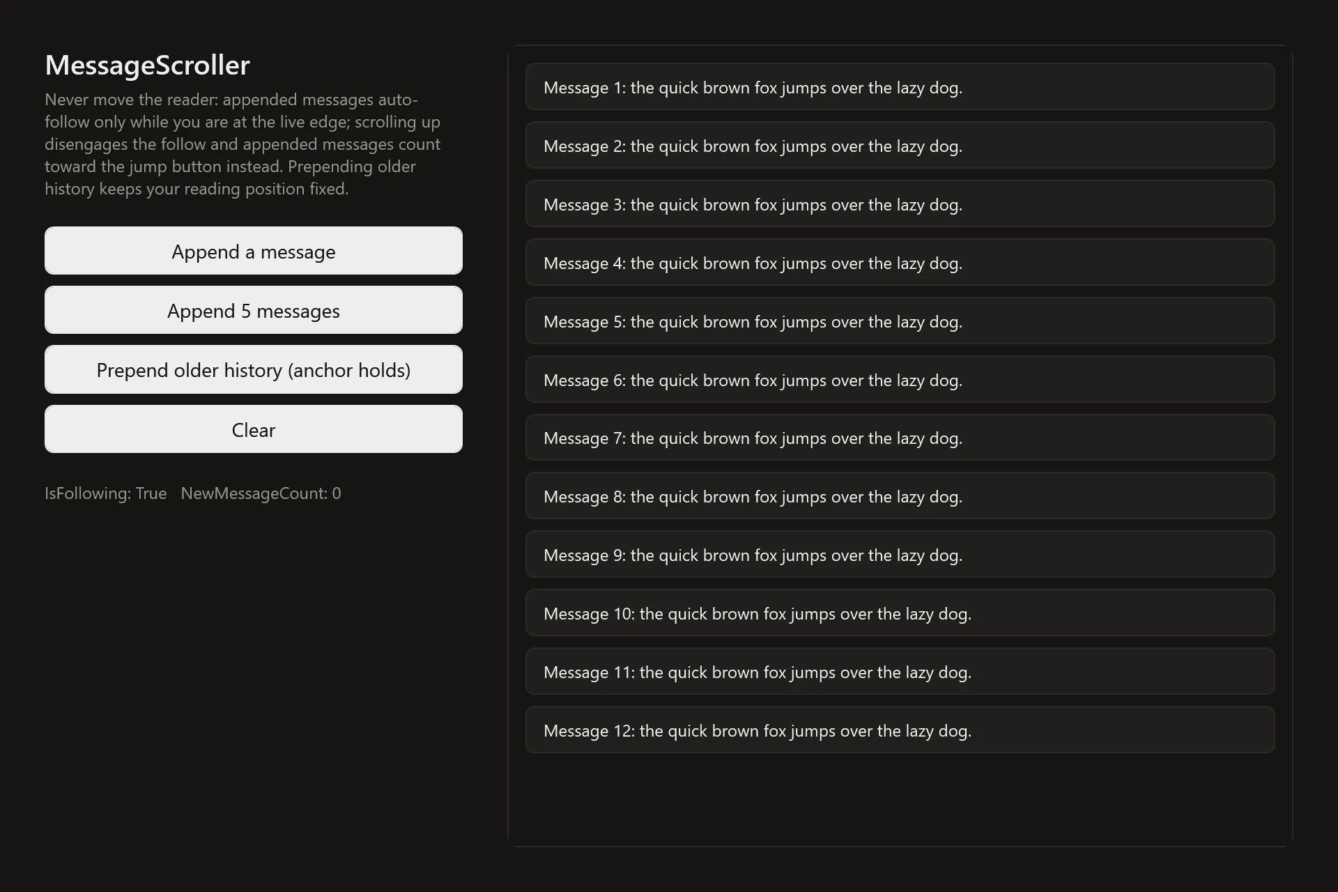 MessageScroller Gallery page in the dark theme