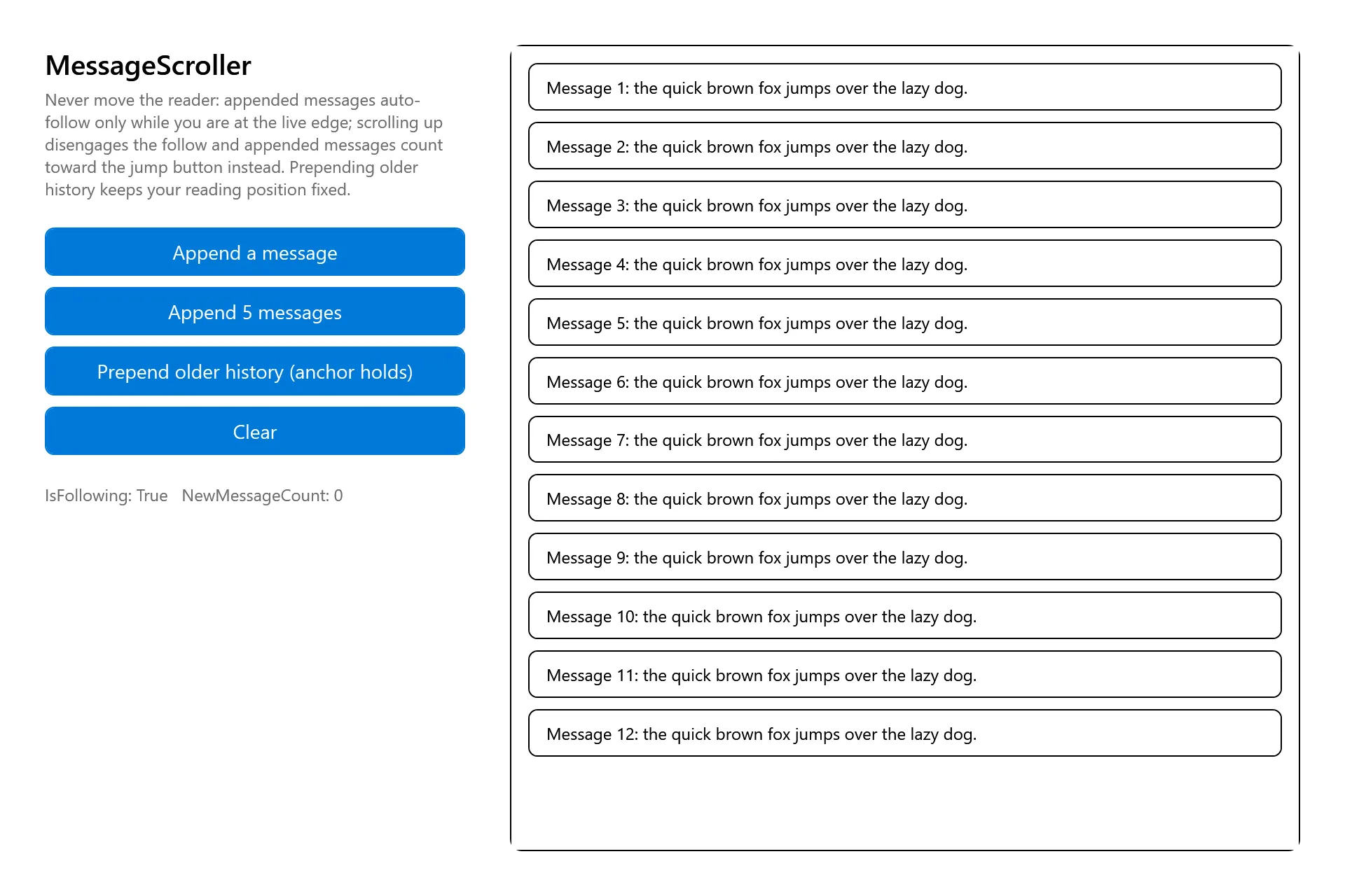 MessageScroller Gallery page in the high contrast theme