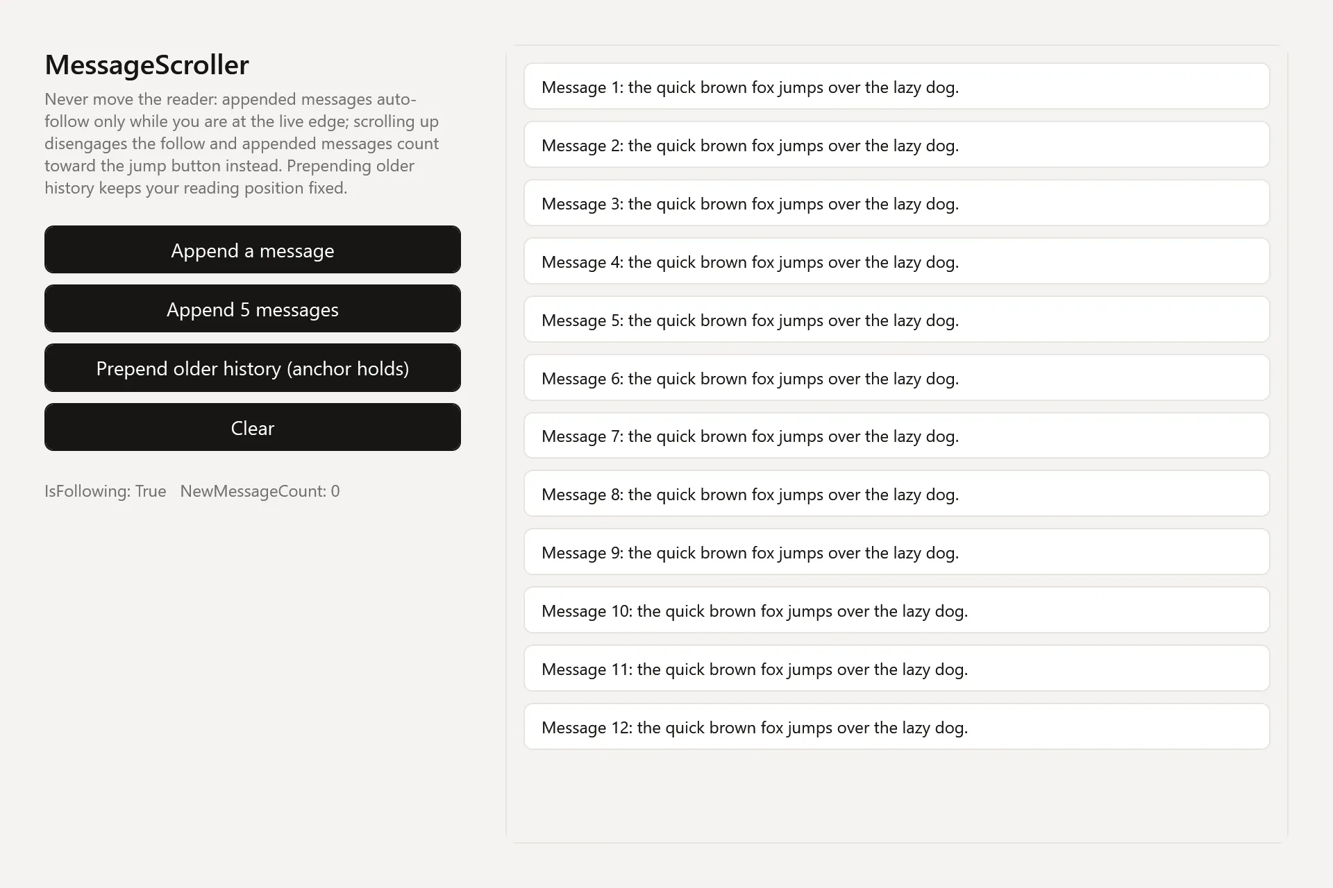 MessageScroller Gallery page in the light theme