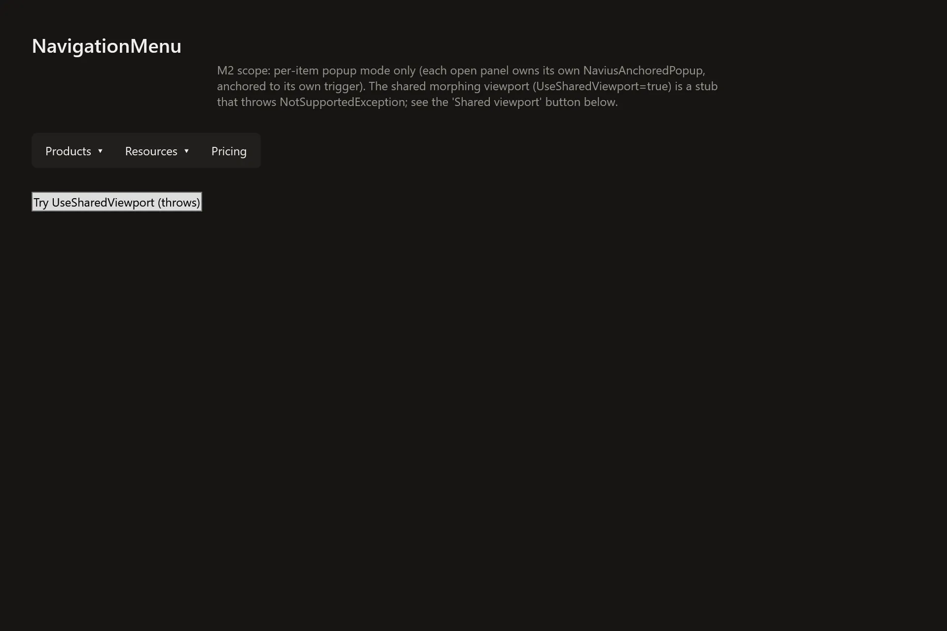 Navigation Menu Gallery page in the dark theme