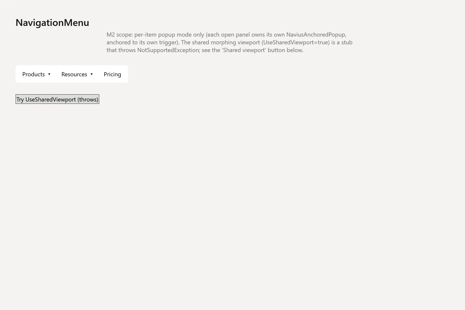 Navigation Menu Gallery page in the light theme
