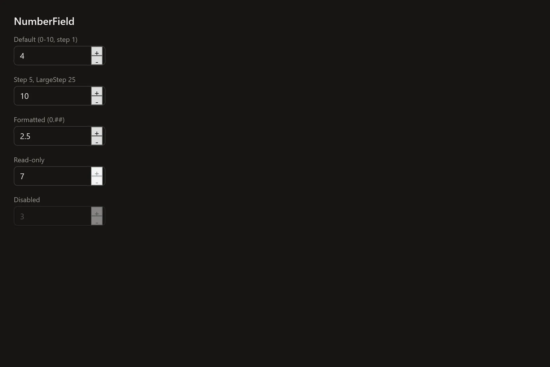 NumberField Gallery page in the dark theme