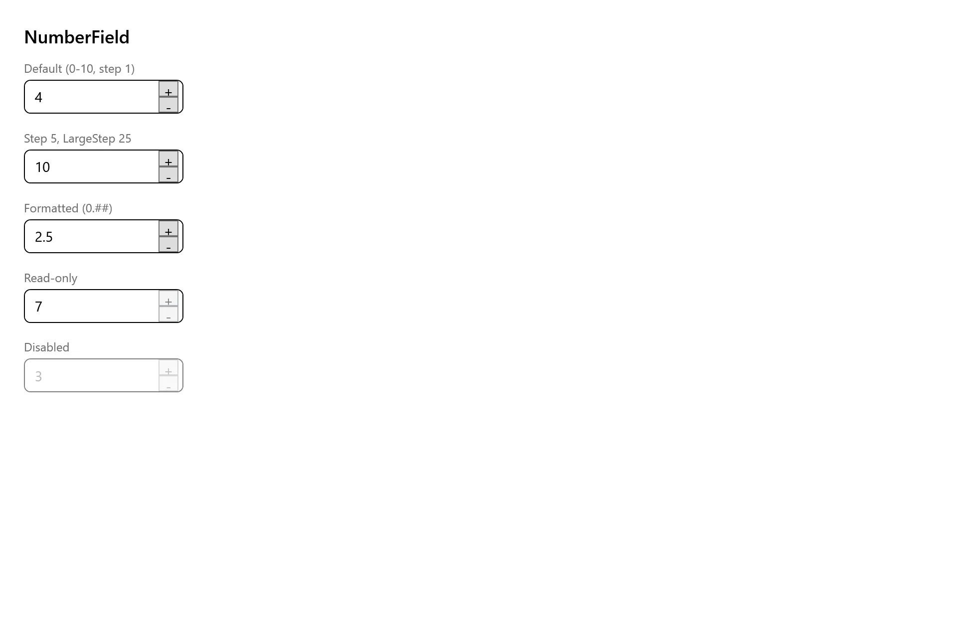 NumberField Gallery page in the high contrast theme